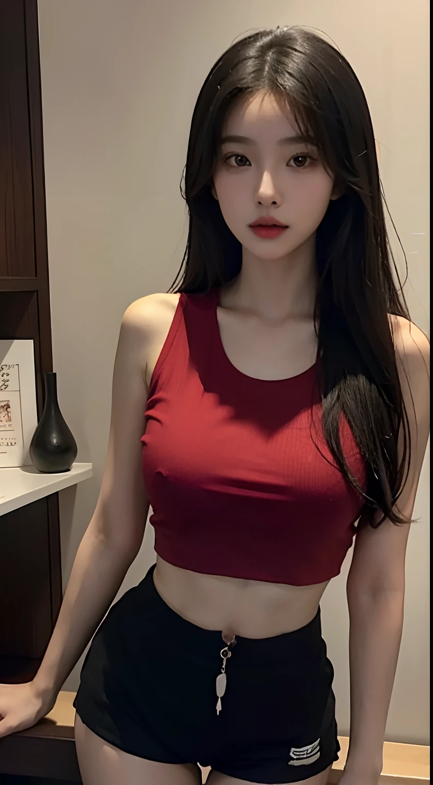 araffe asian woman in a red top and black shorts posing for a picture, sha xi, sakimichan, beads cross onbare , shikamimi, chiho, sakimi chan, cutecore, tifa, 2 4 year old female model, yukky, heonhwa choe, asian girl