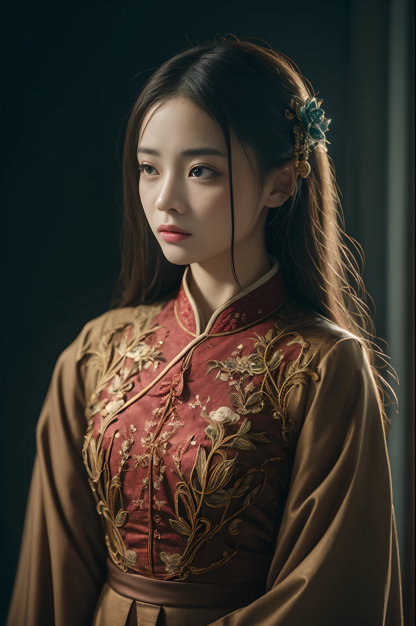 Official Art, Unity 8k wallpaper, super detailed, beautiful, beautiful, masterpiece, best quality,
dark, atmospheric, mystical, romantic, creepy, literature, art, fashion, ming and qing dynasties, decoration, intricate, ironwork, embroidery, contemplation, emotional depth, supernatural, hanfu
1 girl, solo, neck, bust composition