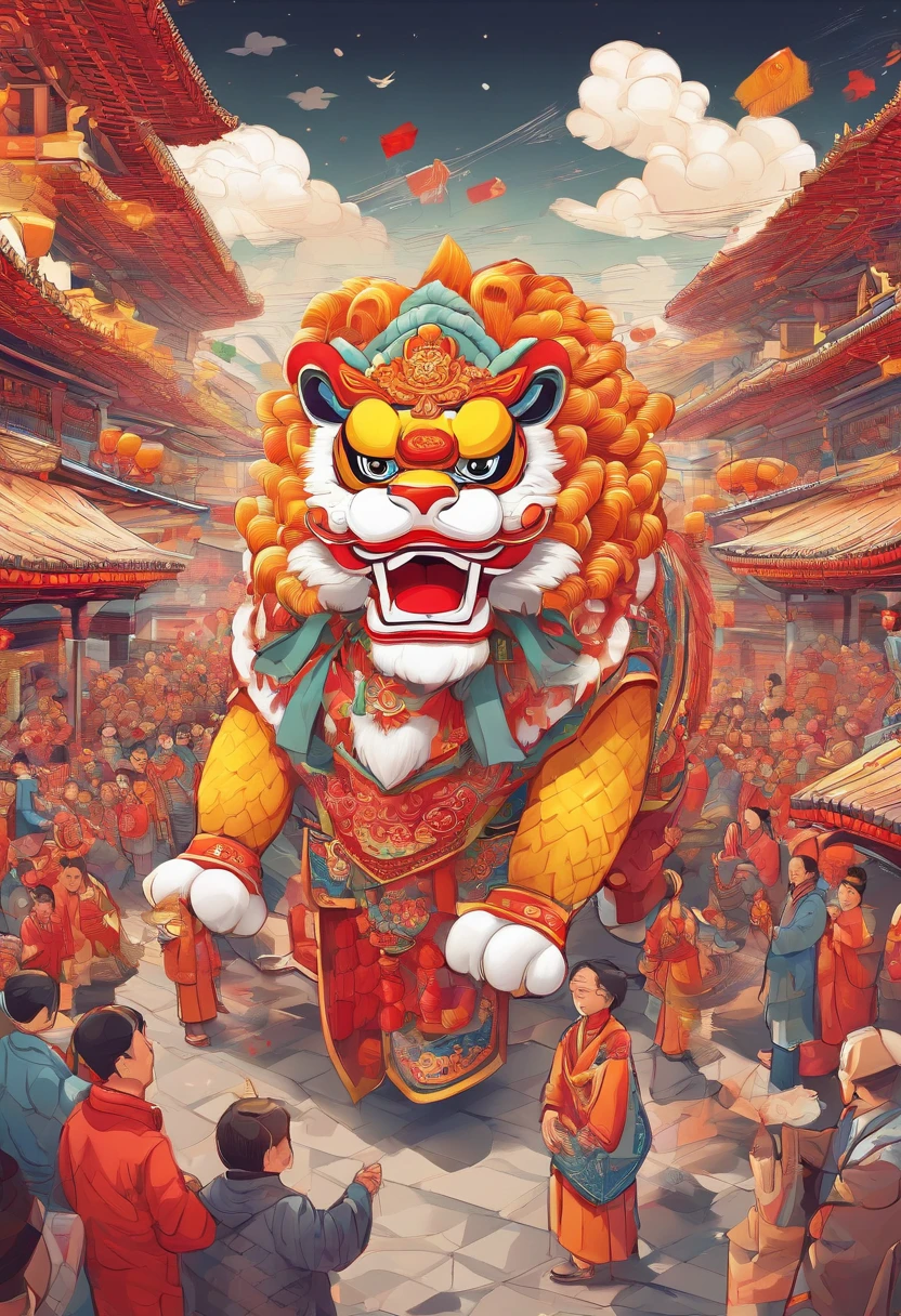 lion dance, depth of fields,jubilation, festivity, exhilarated, Streamers