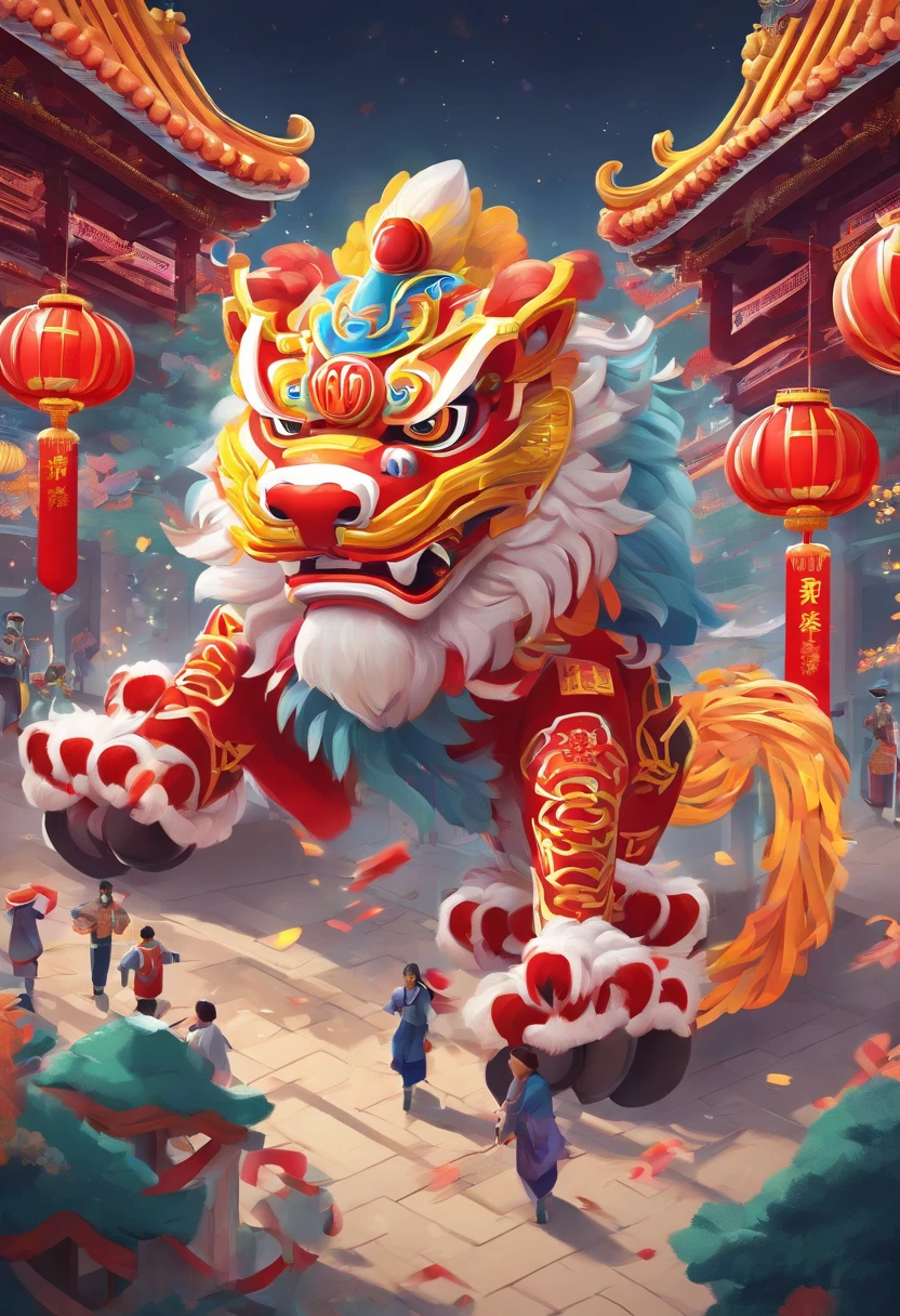 lion dance, depth of fields,jubilation, festivity, exhilarated, Streamers