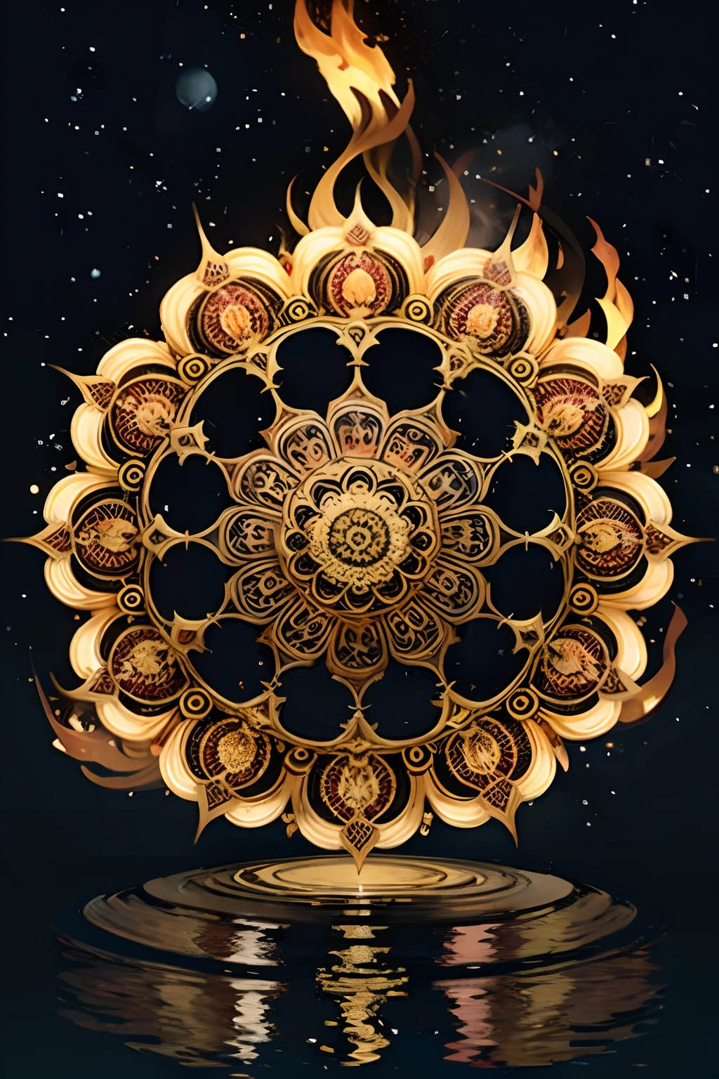 A round ornamental mandala made of fire and flames surrounded by stones.