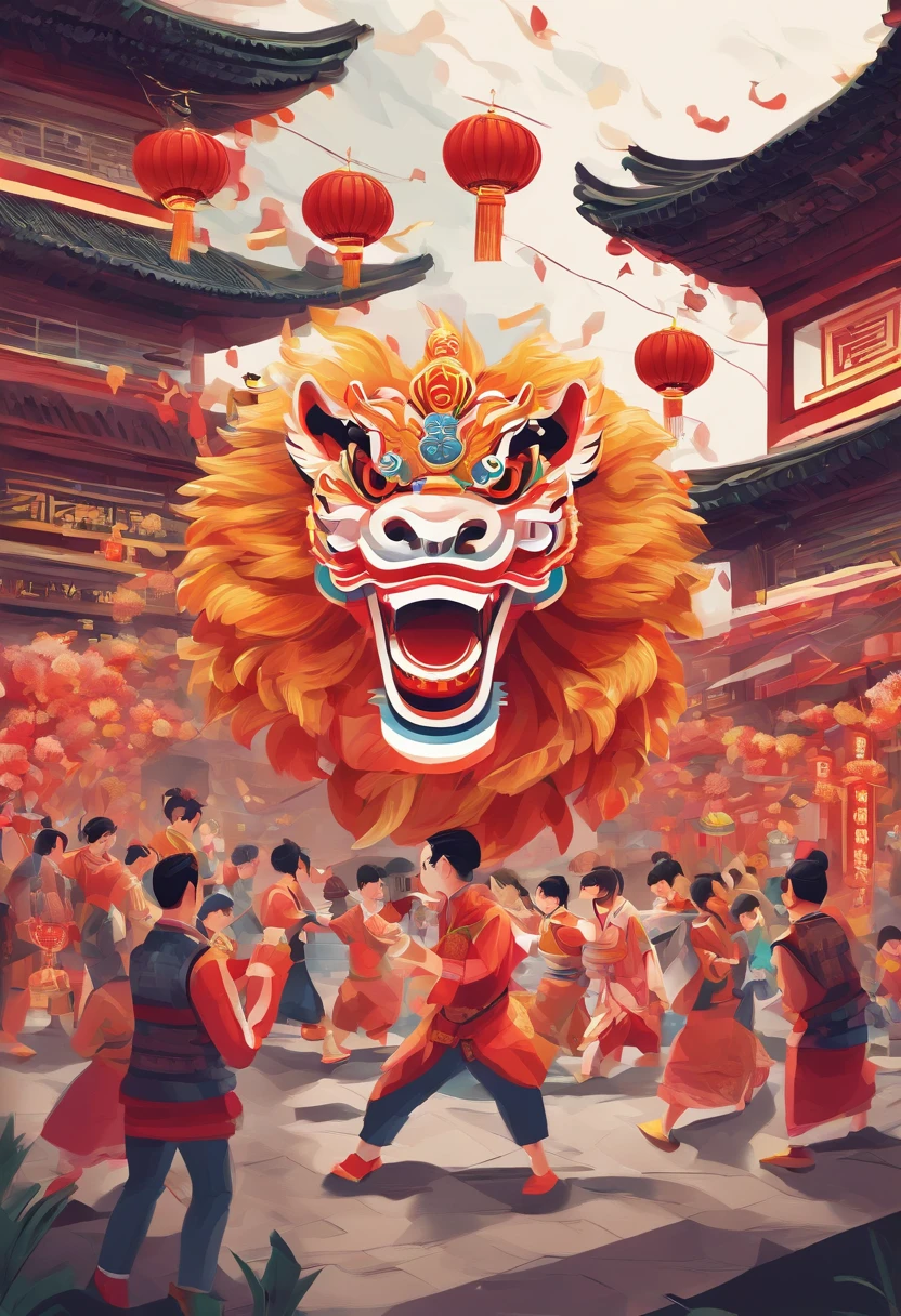 lion dance, depth of fields，jubilation, festivity, exhilarated, Streamers
