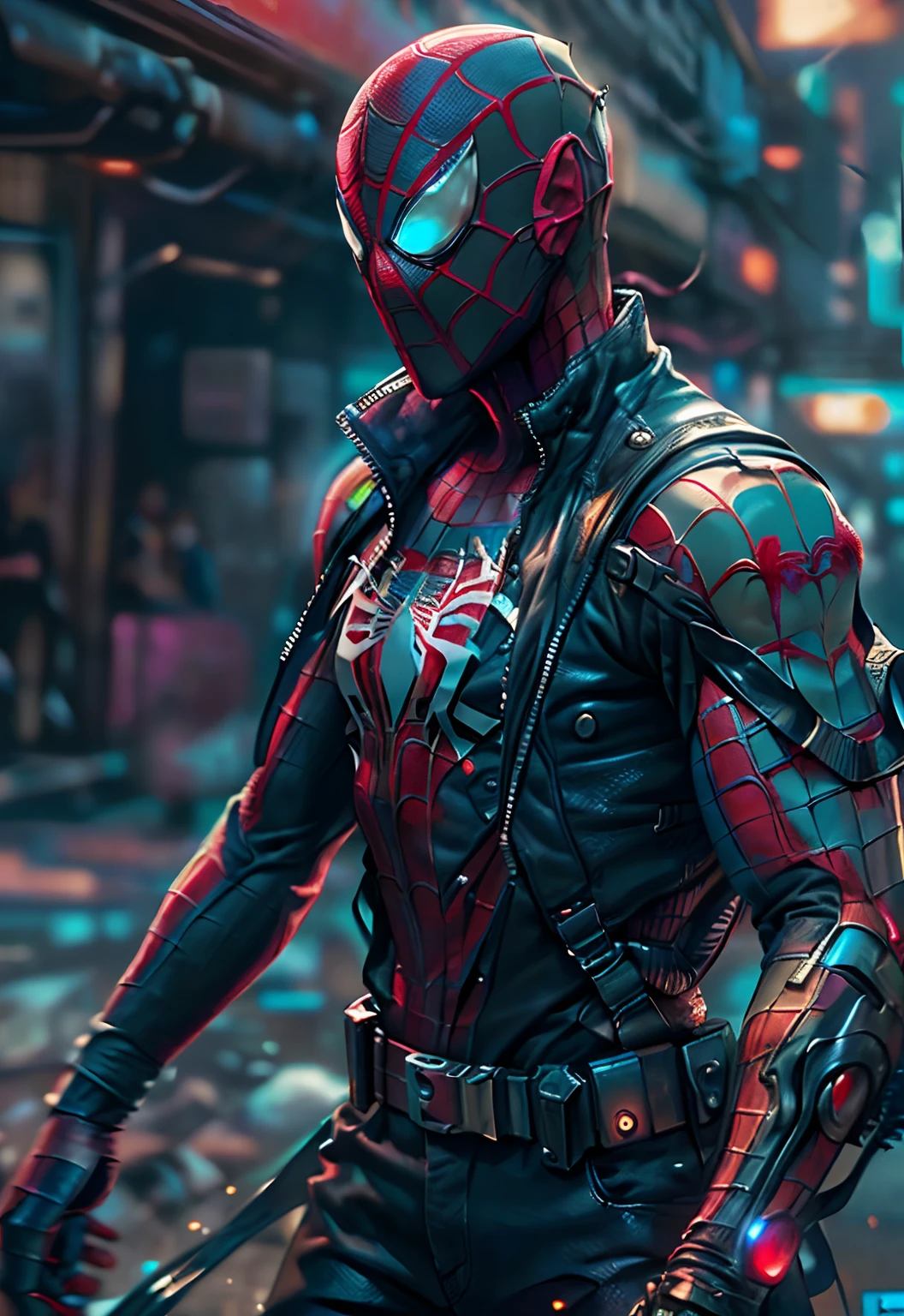 Spiderman as a zombie,(top-quality、8K、32K、masterpiece、nffsw:1.3)、(The ultra -The high-definition)、(Photorealsitic:1.4)、Raw photography,Perfect eyes,Charming perfect figure,actionpose:1.2,Detailed cyberpunk fashion、World of Cyberpunk,depth of fields,blurry backroundbackround, full body captured