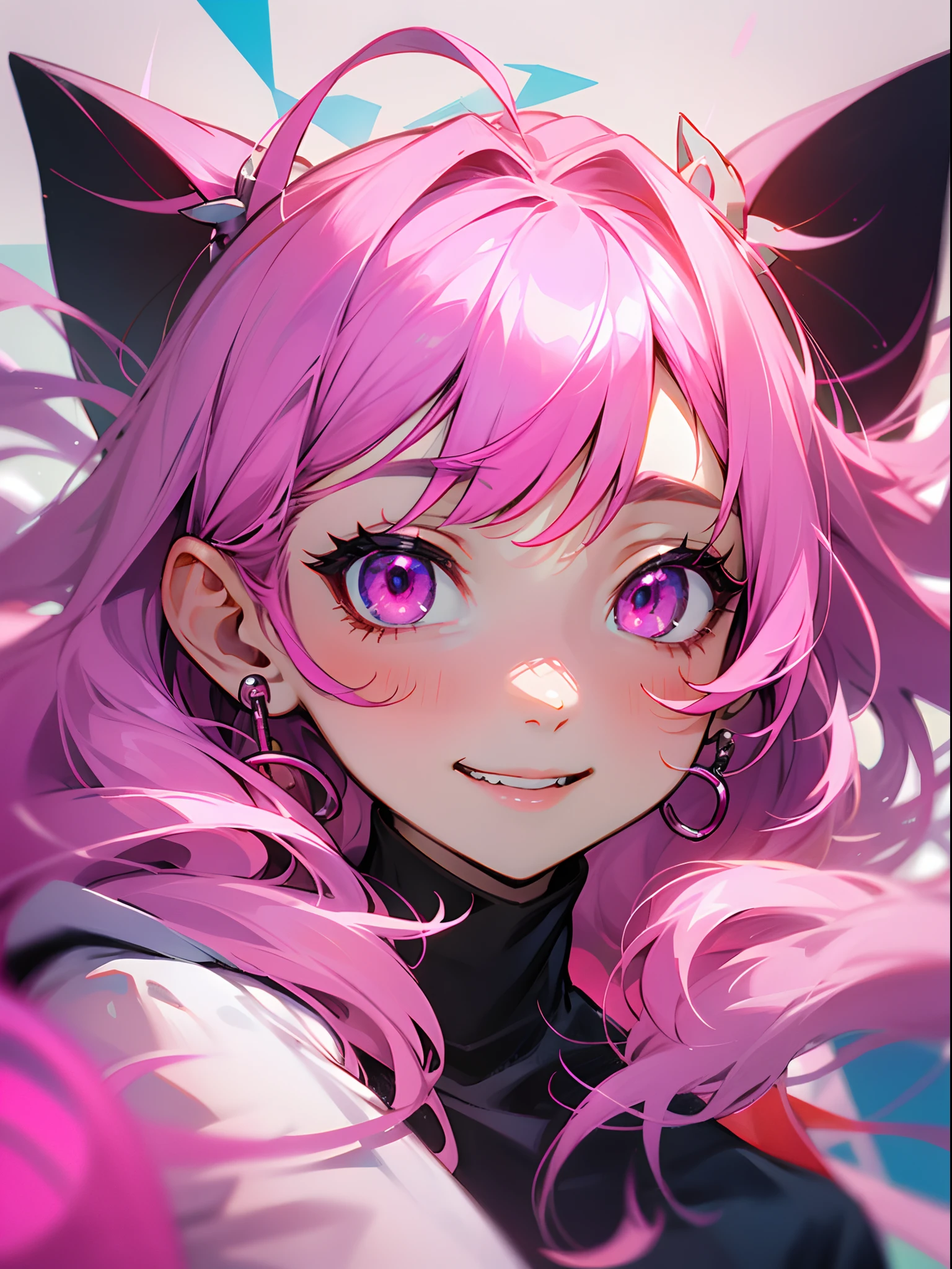 16yo girl、Pink hair、Pink eyes、looking at the viewers、Laugh、wearing a nasal plug