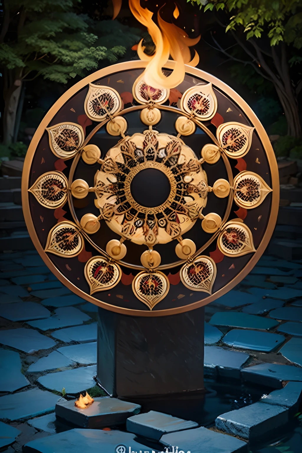 A round ornamental mandala made of fire and flames surrounded by stones.