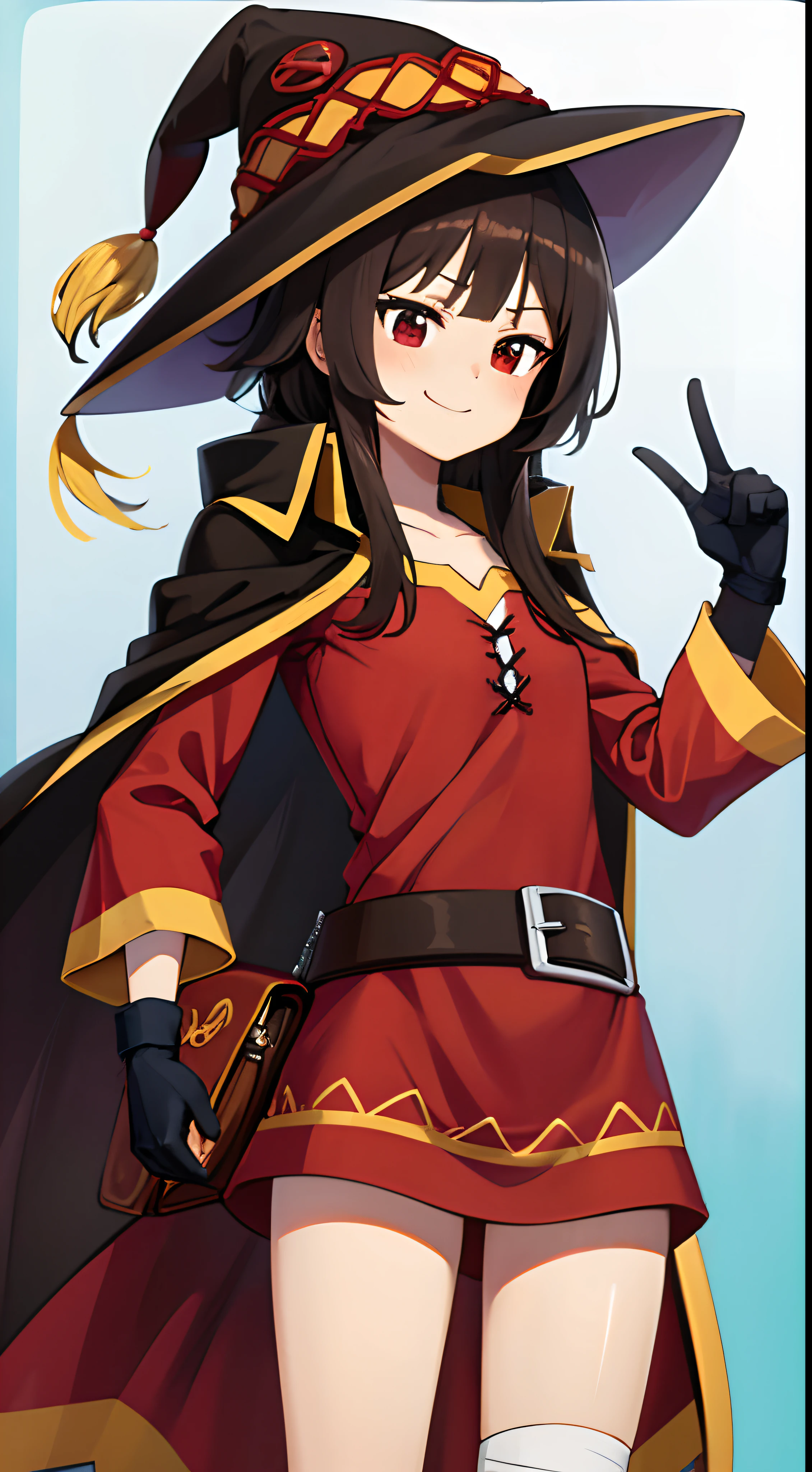 masutepiece, Best Quality, hightquality , Megu KJ , Holding, Belt bag, bandaged, single thighhigh , Bandaged Legs, Meg Dress, Megu has, gloves, Cape Megou,cowboy shot、A smile、Hats