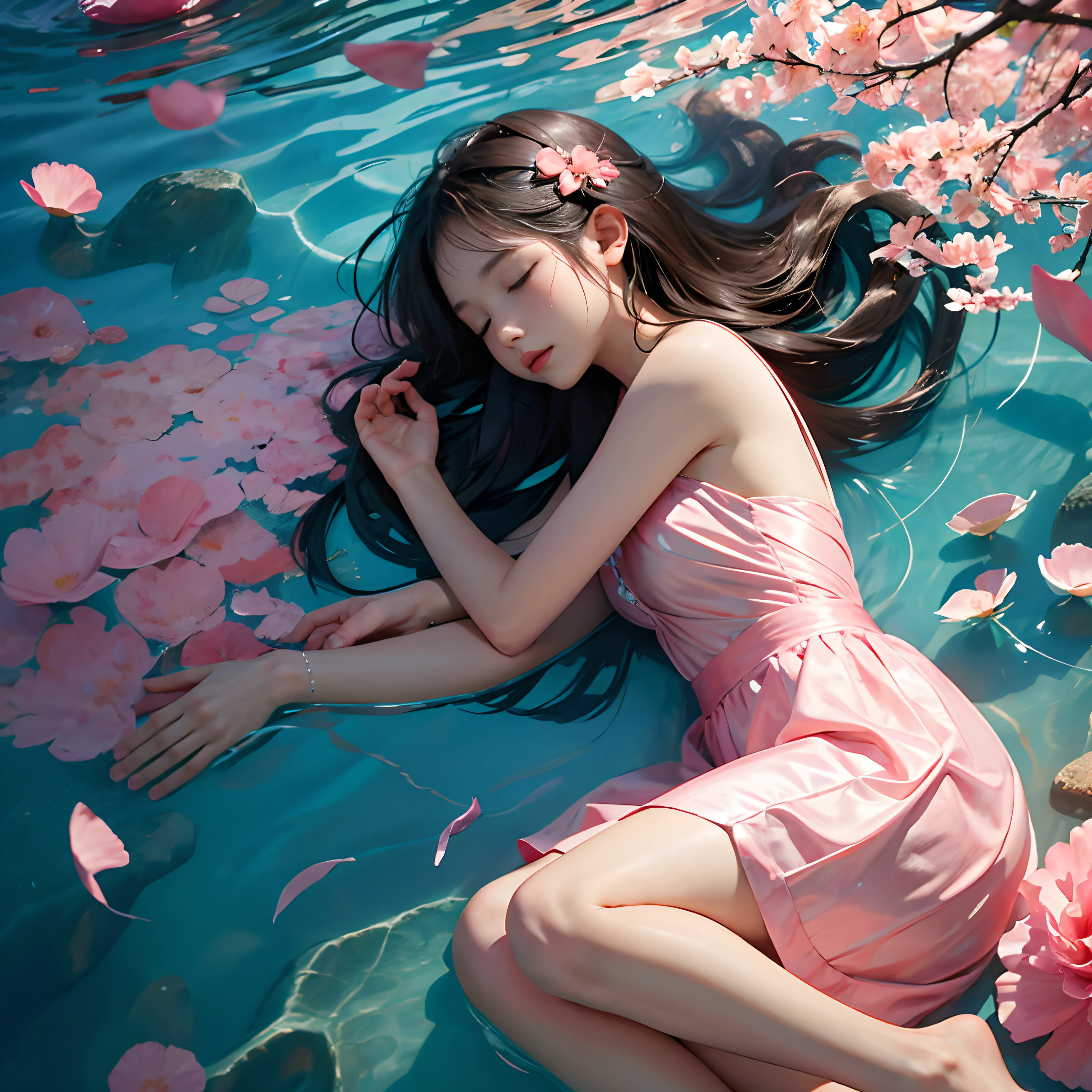 Under the water，ocean floor，Sunlight shines through the sea，A teenage girl，Fell asleep quietly in the water，The girl is surrounded by pink petals，fire works