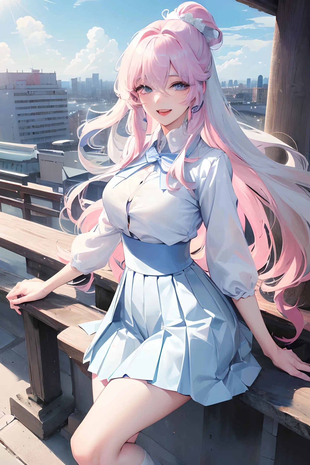 official art, masterpiece, sharp focus, (beautiful gorgeous cute korean woman:1.3), (beautiful cute korean woman:1.3), korean beauty, delicate and beautiful hair and eyes and face, realistic, super detailed, beauty girl, blue sky, glow white particles, (side light: 1.2), sunshine, white clouds, fine clouds, slender, pretty breasts and big buttocks, smile with teeth, ((laugh with eyes, open both eyes )), scenery, long straight hair, sexy look, buildings, (cityscape: 1.7), dynamic hair, long straight hair, detailed platinum pink hair, sparkling blue eyes, (blue pleated shirt + white skirt) , white long socks, white skin, hair ornaments, magnificent scenery,