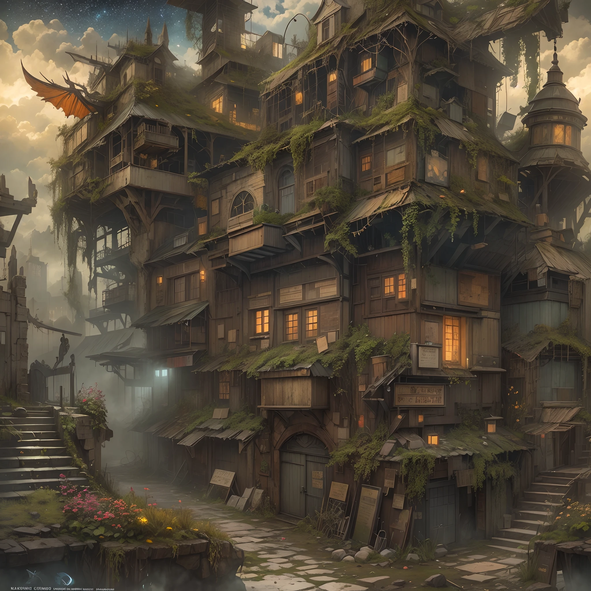(Best quality,Ultra-detailed,Realistic:1.37),steampunc,(Magic Swordsman), (bushy beard),A sword infused with magic,Mechanical gears,Sparkling metal armor,(Dragon wings).Wasteland background of Sky City,Misty atmosphere,Smoke comes out of the ground,Overgrown vines and plants,Magical ruins,Thick clouds hover above,crumbling buildings,Mystical Artifacts,Rough cobblestone streets,Signs of weathering,Starry Night Sky.