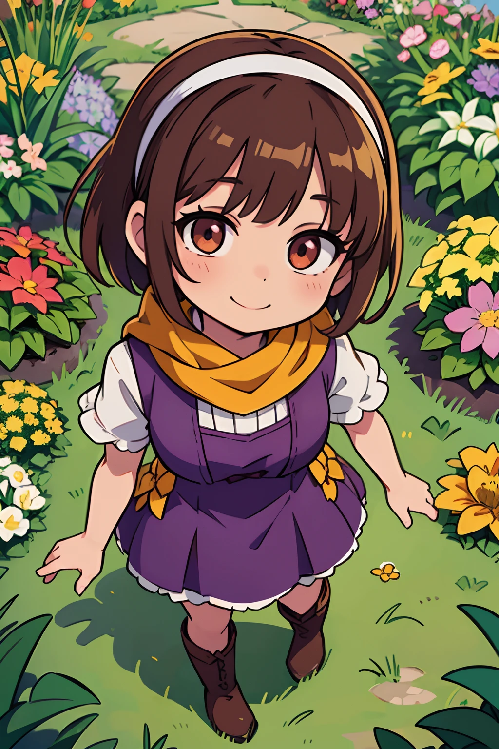 ((garden)), garden, an anime girl with purple outfit in flower garden holding a flower, 1girl, solo, flower, brown hair, purpule hairband, brown eyes, black scarf, smile,scarf, boots, white flower, short hair,purpule dress with flowers, outdoors,smiling ,lots of flowers