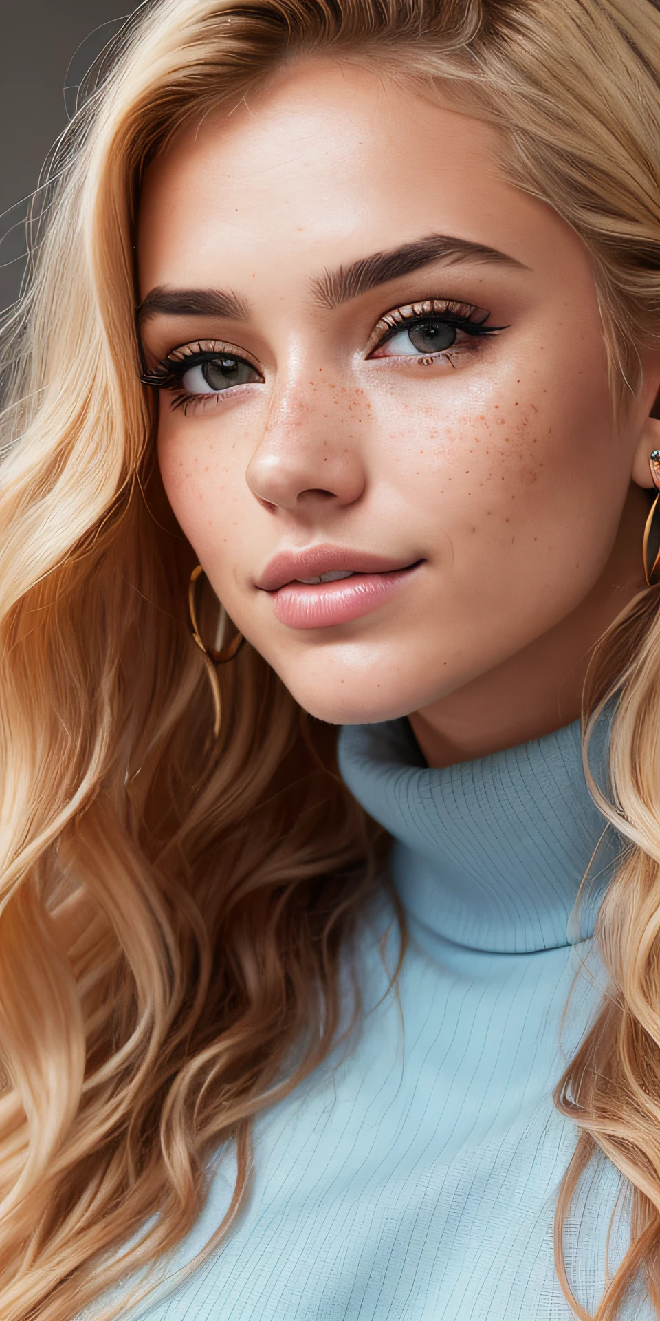 Photo of a 24-year-old Norwegian-Colombian girl, slim thicc, Beautiful woman, freckles, beauty mark, (Extra long wavy blonde hair), ((Portrait)), ((Detailed face:1.3)), ((detailed facial features)), (finely detailed skin), fair skin, wearing wool shirt, at home, Portrait full face no cut off, (warm color), moist, Reflectors, (masseuse) (perfect proportions)(photorealistic)(Best Quality) (Detailed) photographed in a Canon EOS R5, 50mm Lens, F/2.8, (8K) (Wallpaper) (Realistic lighting) (Dramatic Lighting) (foco nítido) (Convoluted) Fashion