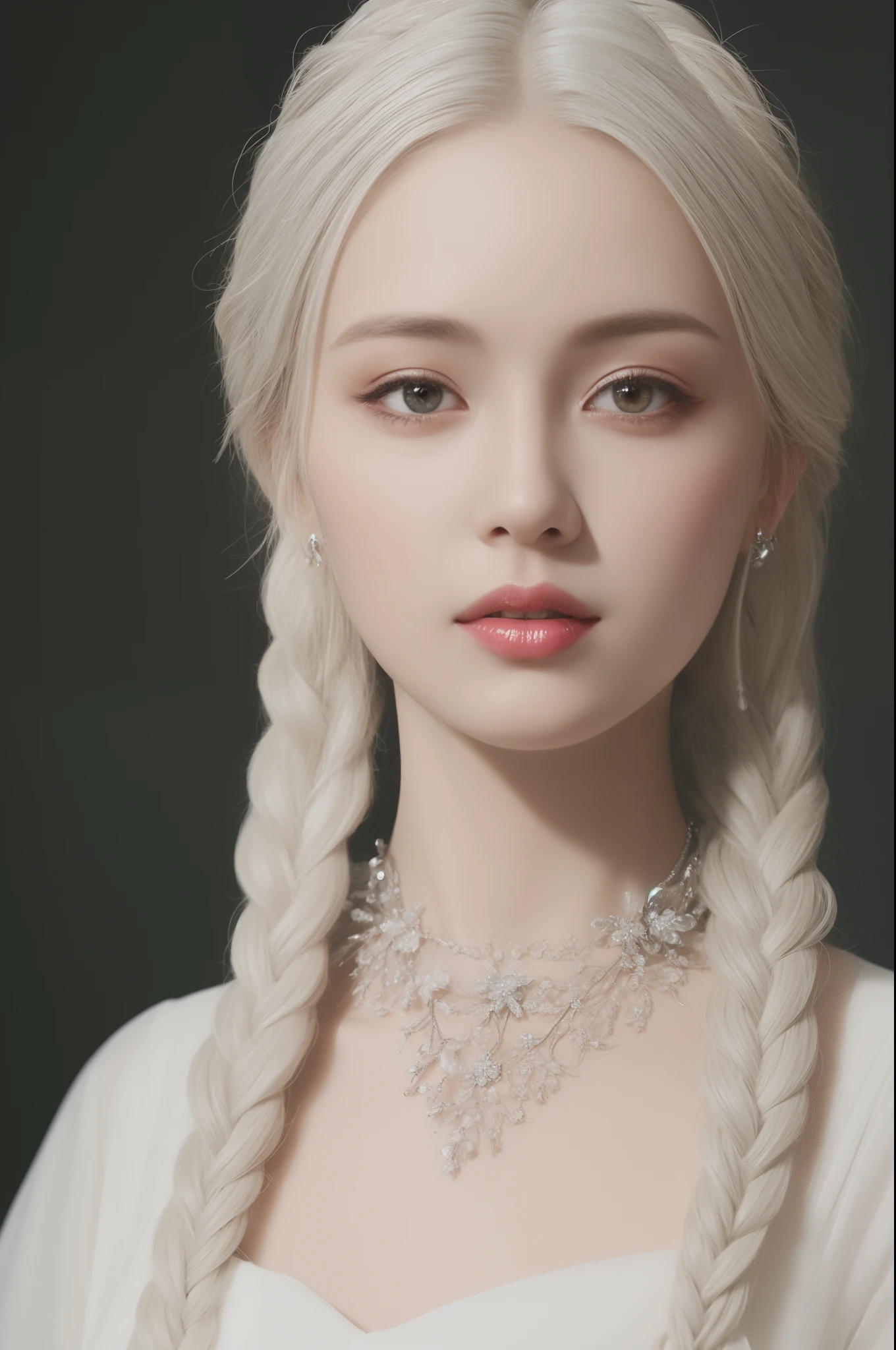 (Ultra-high quality masterpiece,A beautiful bust of a noble maiden,Classical braids,White hair,The eyes are shiny and clear,Floral craftsmanship,Crystal jewelry,Ultra-fine details,Soft lighting)