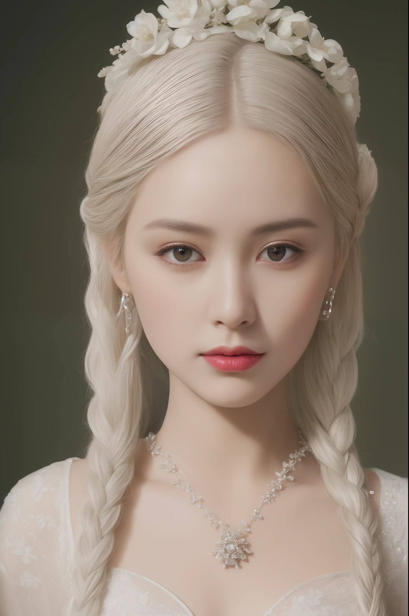 (Ultra-high quality masterpiece，A beautiful bust of a noble maiden，Classical braids，White hair，The eyes are shiny and clear，Floral craftsmanship，Crystal jewelry，Ultra-fine details，Soft lighting)