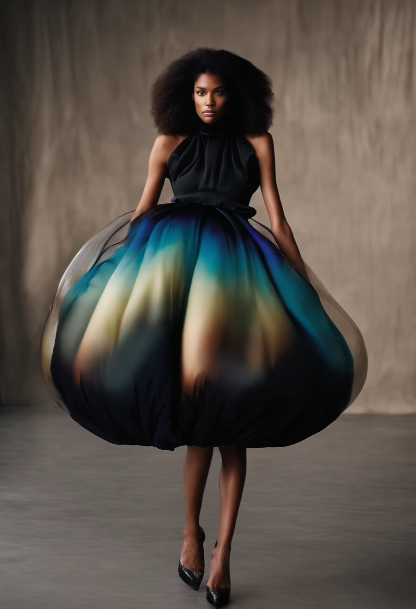 Stunning woman in oversized bubble Balenciaga dress, black bubble color