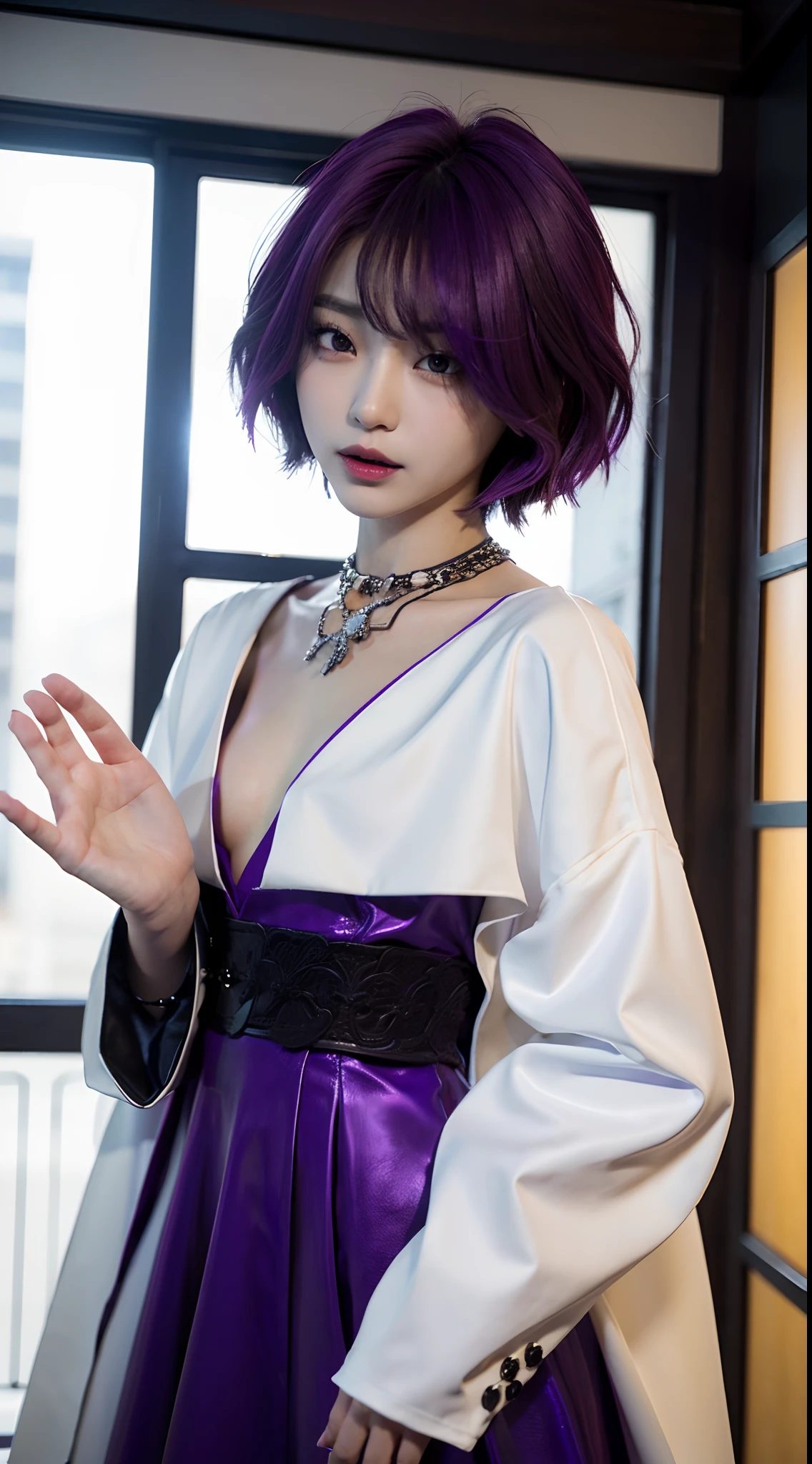 (photo realistic1.2),ultra detailed,(8K),(1girl),(Fantasy:1.5),(Vampire Castle),(bed),(vampire costume:1.5),(fang:1.2),(Vampiric items:1.2)topless,(small nipples),(big : 1.2), gravure,beautiful Japanese, clothes in disarray,dangling earrings,skirt,(from above:1.5),(looking at viewer),(kneeling pose),smirk,(upper body),(spread legs:1.2),(purple hair),(short hair),26years old,red eyes