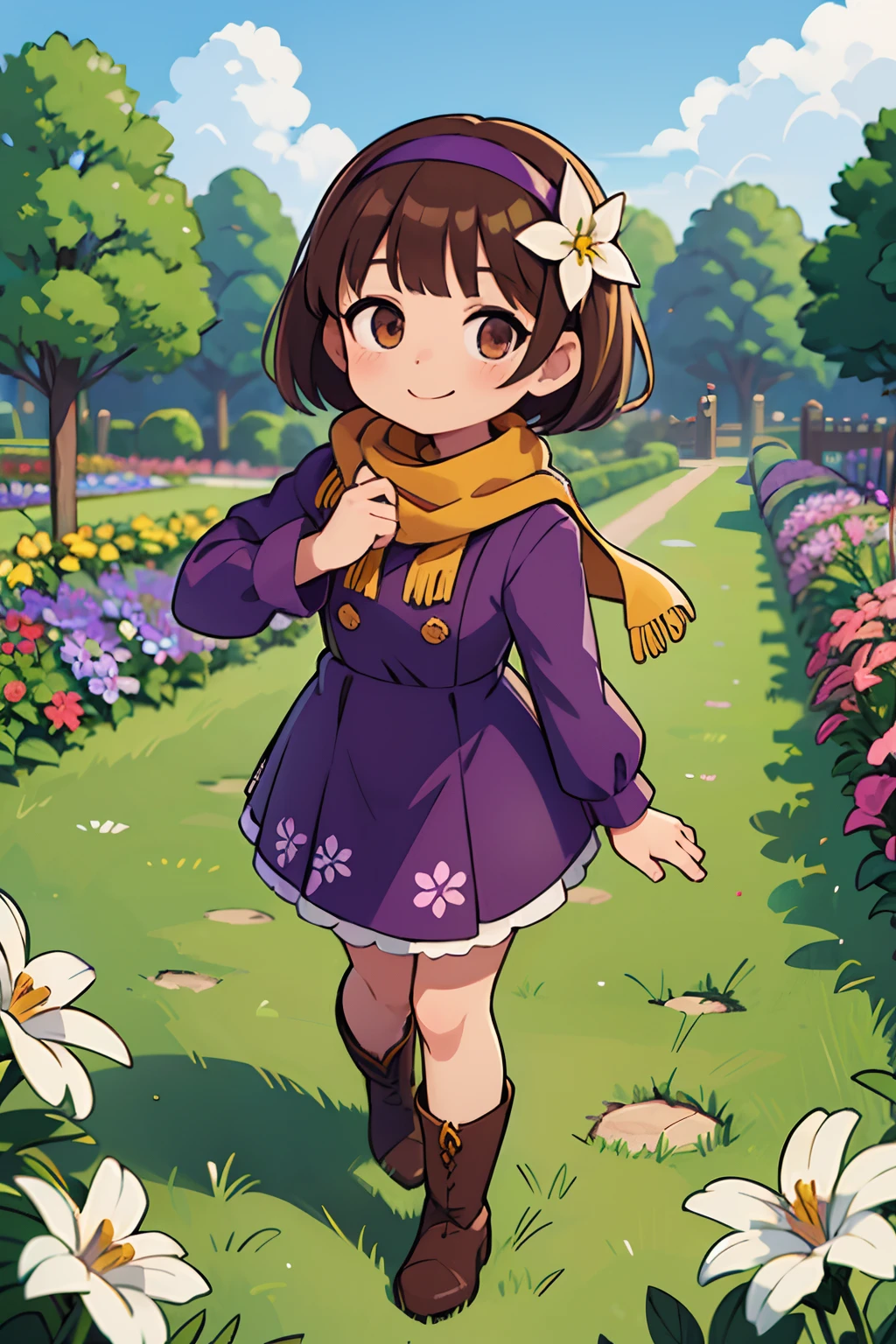 ((garden)), garden, an anime girl with purple outfit in flower garden holding a flower, 1girl, solo, flower, brown hair, purpule hairband, brown eyes, black scarf, smile,scarf, boots, white flower, short hair,purpule dress with flowers, outdoors,smiling ,lots of flowers