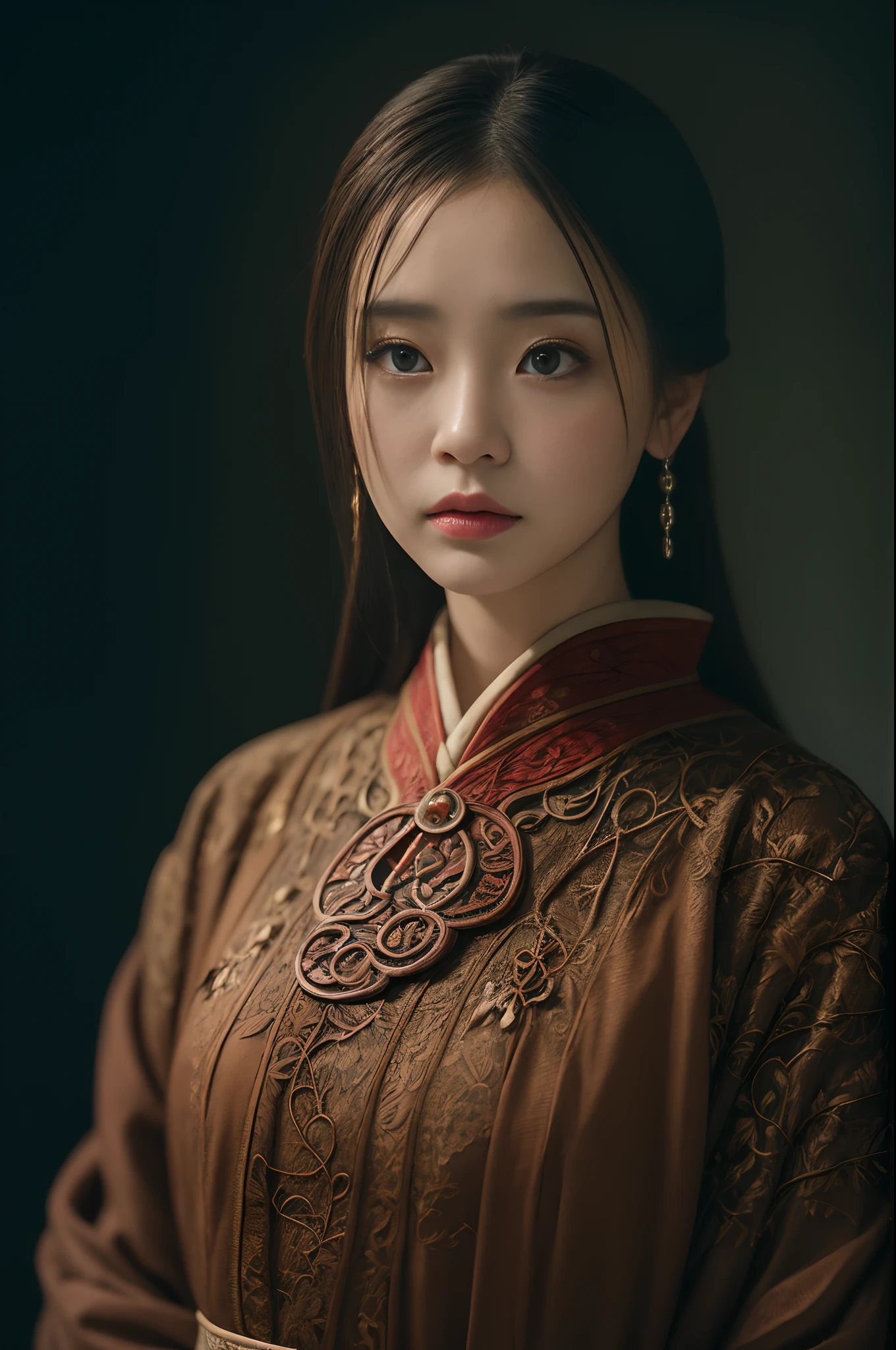 Official Art, Unity 8k wallpaper, super detailed, beautiful, beautiful, masterpiece, best quality,
dark, atmospheric, mystical, romantic, creepy, literature, art, fashion, ming and qing dynasties, decoration, intricate, ironwork, embroidery, contemplation, emotional depth, supernatural, hanfu
1 girl, solo, neck, bust composition