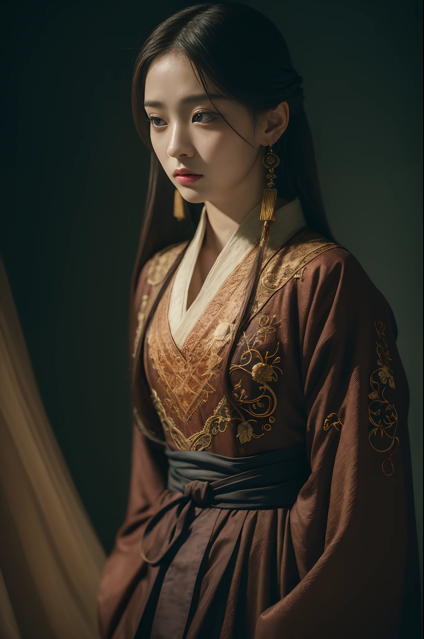 Official Art, Unity 8k wallpaper, super detailed, beautiful, beautiful, masterpiece, best quality,
dark, atmospheric, mystical, romantic, creepy, literature, art, fashion, ming and qing dynasties, decoration, intricate, ironwork, embroidery, contemplation, emotional depth, supernatural, hanfu
1 girl, solo, neck, bust composition