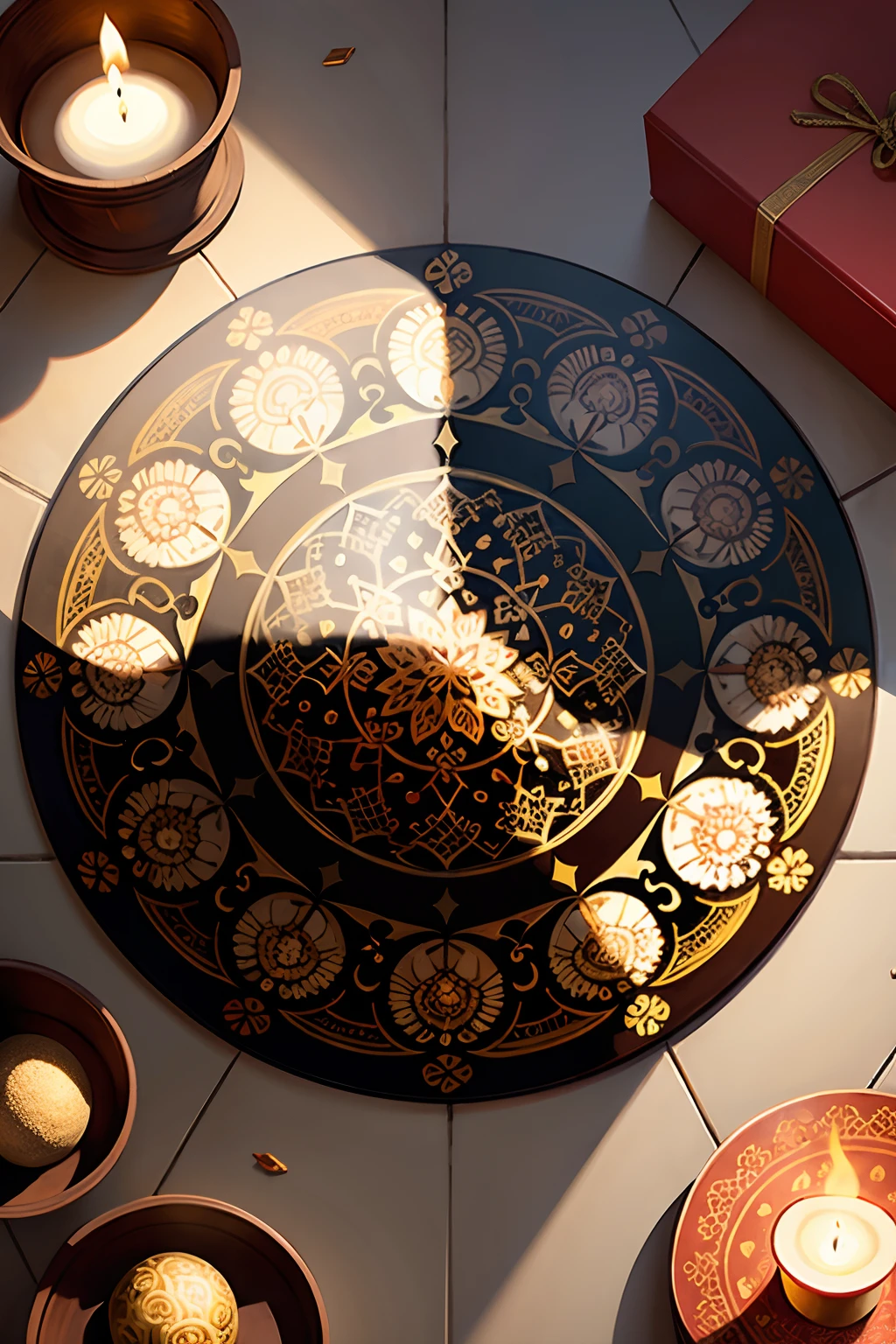 A round ornamental mandala made of fire and flames surrounded by stone.