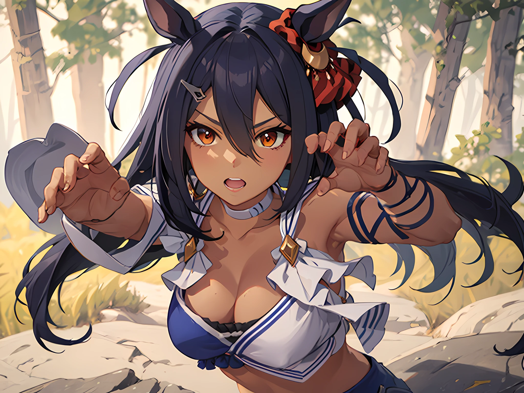 Best Quality, Ultra high definition, The highest resolution, Very detailed, Highly detailed face, 1girl in, hishi amazon \(Umamusume\), , croptop, Bandeau, White choker, Single sleeve, Arm Ribbon, Pleated skirt, Thigh strap, medium shot, spreading arms, Grab the air, dense woods