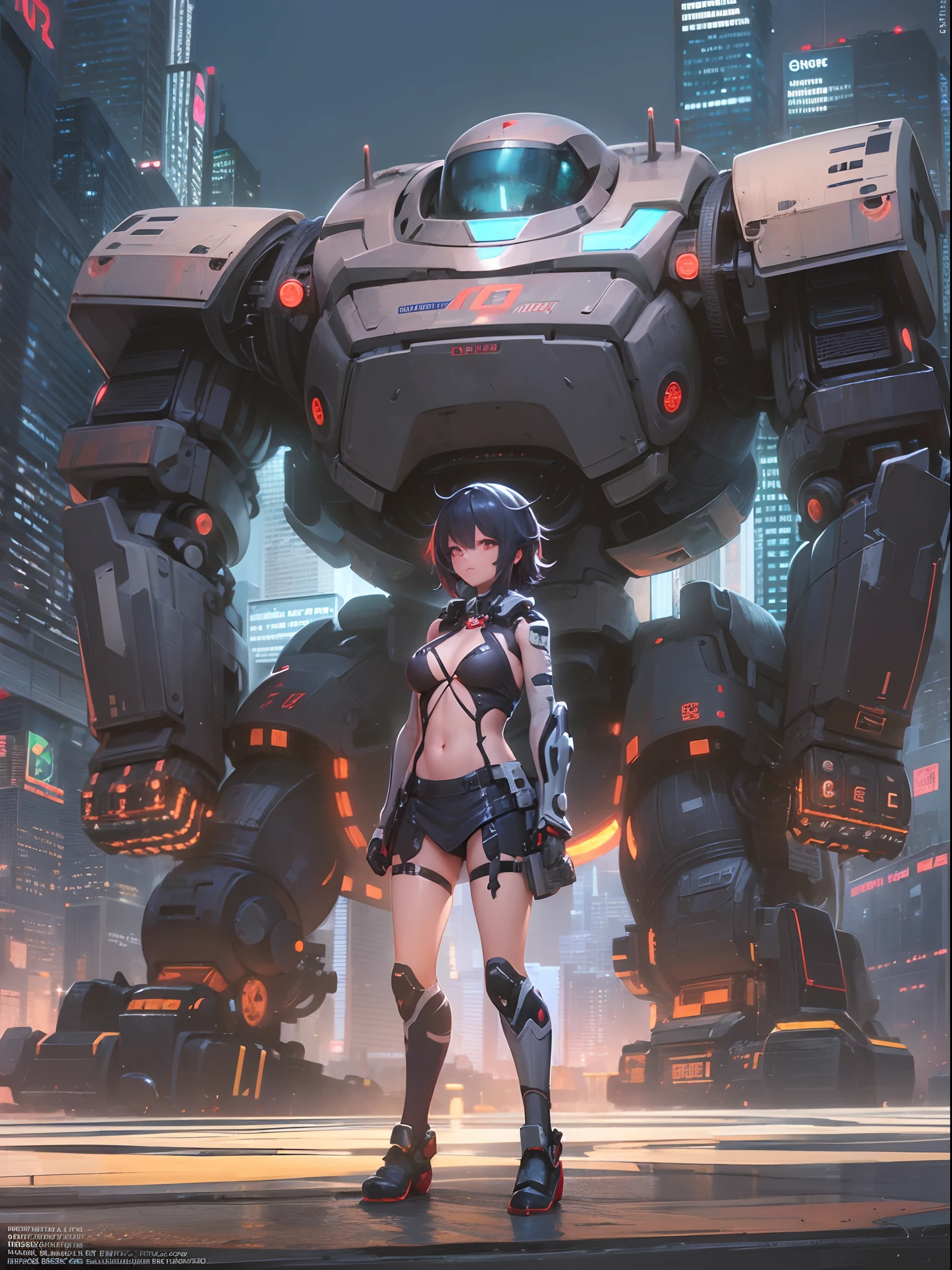Anime girl in metal suit standing next to a giant robot, artwork in the style of guweiz, Cyberpunk anime girl mecha, Trending on CGSTATION, guweiz, By Russell Dongjun Lu, Digital Cyberpunk Anime Art, ross tran 8 k, guweiz on artstation pixiv, Girl in Mecha Cyber Armor,(Dynamic pose, somersault:1.5),((girl is huge chest:1.5))