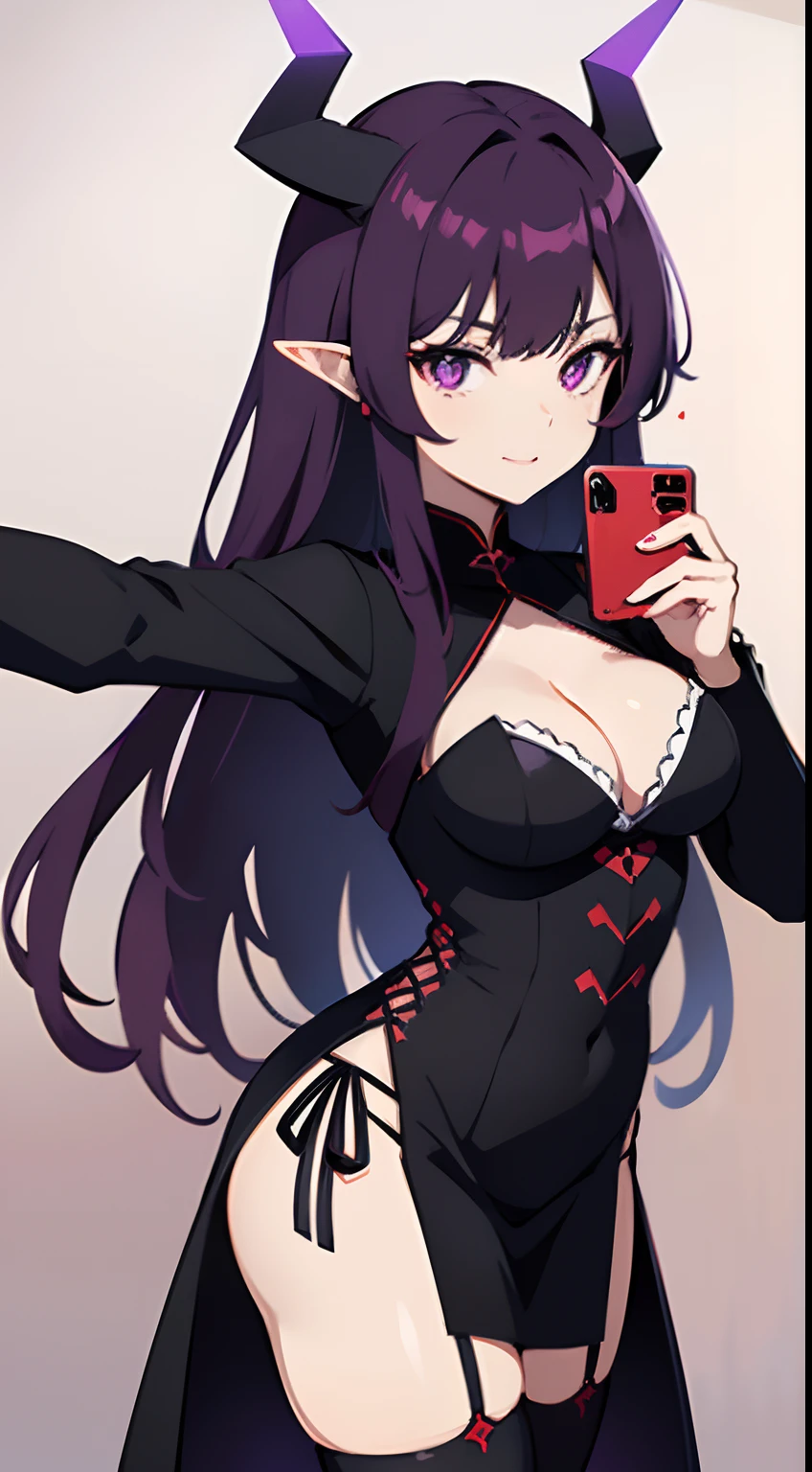 Create an anime woman with horns. She has medium-length dark purple hair with red highlights, and bangs. She has pointy ears poking out of her hair, and is wearing a black and purple clthing with a lace pattern, knee-length stockings. Her horns are pointed, thin, and black, with red patterns on them. She has a friendly and alluring expression, with a hint of playfulness in her eyes. Her figure is confident and relaxed, and she is holding a camera in front of her as if she's taking a selfie. Overall, she has an otherworldly beauty that is both mesmerizing and intimidating.