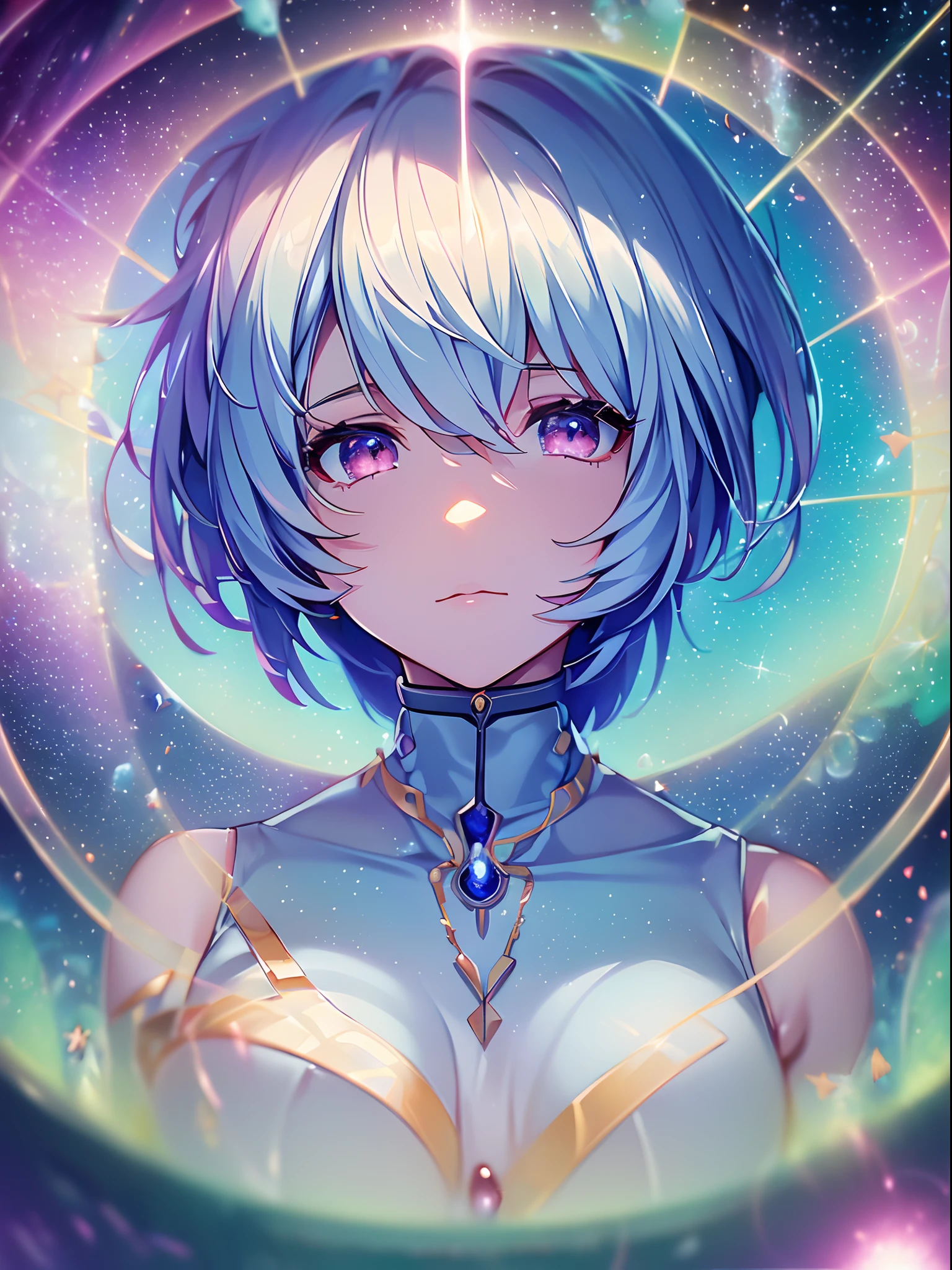 (((ayanami rei))),((((((BREAK,Design an image with a fisheye lens effect, capturing a wide field of view with a distinctive, curved perspective.BREAK,)))))((1girl:1.1,solo,))(masterpiece,best quality, official art,beside to viewers, beautiful and aesthetic:1.3),((ultra high res,golden ratio,)) (4k),((shot from below,dawn,rainbow,dreamland,beautiful sky,detailed aurora)),((((square bubbles,))))dynamic lighting, cinematic lighting,(((shooting stars,))))(fantasy,)((psychedelic)),((dreamy)),((holographic,))radiosity, physically-based rendering,automatic white balance), technological sense,Amazing,sharp focus,detailed background,rich background, (((high detailed skin,)))dynamic lighting,intricate detailed outfit,glowing eyes,watery eyes,((short hair,))skiny,slender,smooth breast,sundress,lace gloves,((curved musical notes)),(masterpiece sidelighting),(bishoujo,lustrous),(sky blue hair,pink eyes,）[[delicate fingers and hands:0.55]::0.85],(detail fingers),(((Ultra Photographic Quality,)))),((incredibly absurdres,)),(realilty:0.7),((closing eyes,put hands together,))((Wariza,upper body shot,floating))Golden necklace,((extremely_detailed_eyes_and_face)),(disheveled hair),FilmGirl,(dynamic configuration: 1.2),Brilliant,drifting Nebula,ethereal, glossy ,striking contrast,high saturation