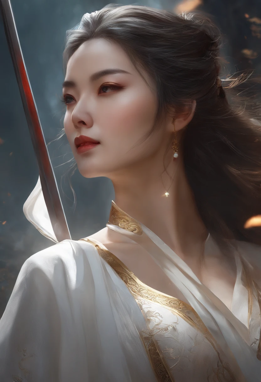 a close up of a woman in a white dress with a sword, a character portrait by Yang J, trending on CGSociety, Fantasy art, Beautiful character painting, Guviz-style artwork, Guviz, White Hanfu, flowing white robe, full-body wuxia, epic exquisite  character art, Stunning character art, beautiful female assassin