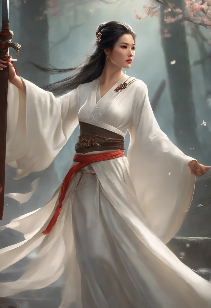 a close up of a woman in a white dress with a sword, a character portrait by Yang J, trending on CGSociety, Fantasy art, Beautiful character painting, Guviz-style artwork, Guviz, White Hanfu, flowing white robe, full-body wuxia, epic exquisite character art, Stunning character art, beautiful female assassin