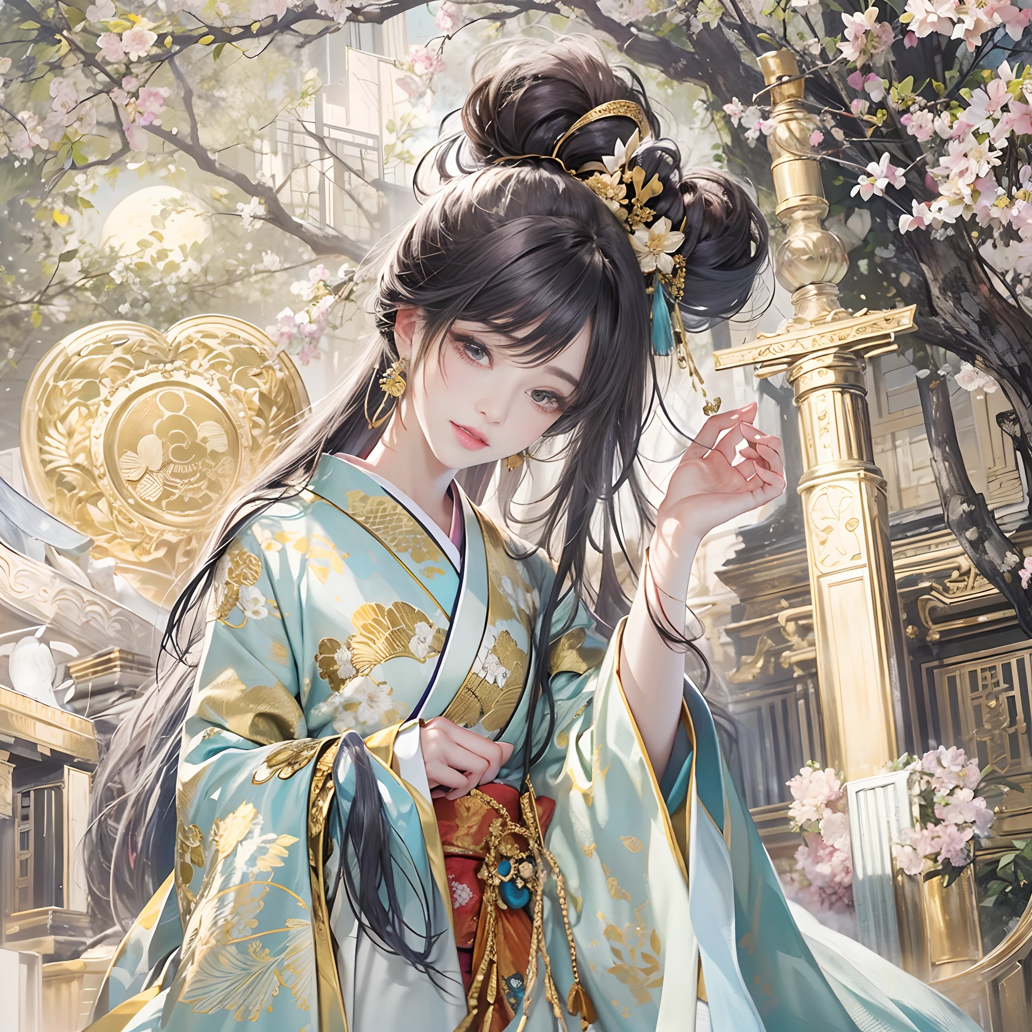 Try to give your audience a bouquet、
watching at viewers、Ancient capital and moon in the background、((dense background))、poneyTail、Woman with shiny black hair、perfect hand、BREAK {{{Luxury kimono(Colorful kimono(Detailed golden embroidery,))}}}、face perfect,Depict a beautiful and graceful woman of Japan,poneyTail,Heart in the eye。full body Esbian。 Wallpaper 8K, .Blur the background with a sickle,((masutepiece)), ((Best Quality))