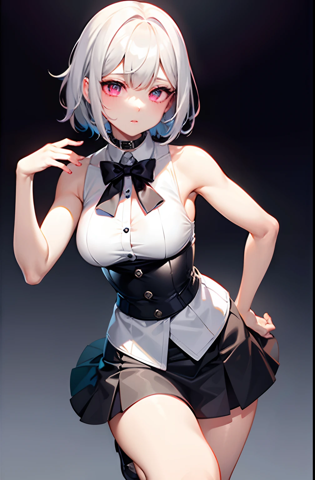 best quality, ultra high resolution, 1 girl, white sleeveless button-down shirt, white mini skirt, black choker, cute, (Kpop idol), (aegyo sal:1), (platinum blonde hair:1), ((puffy eyes )), looking at the viewer, full length, from the front, with ?????????