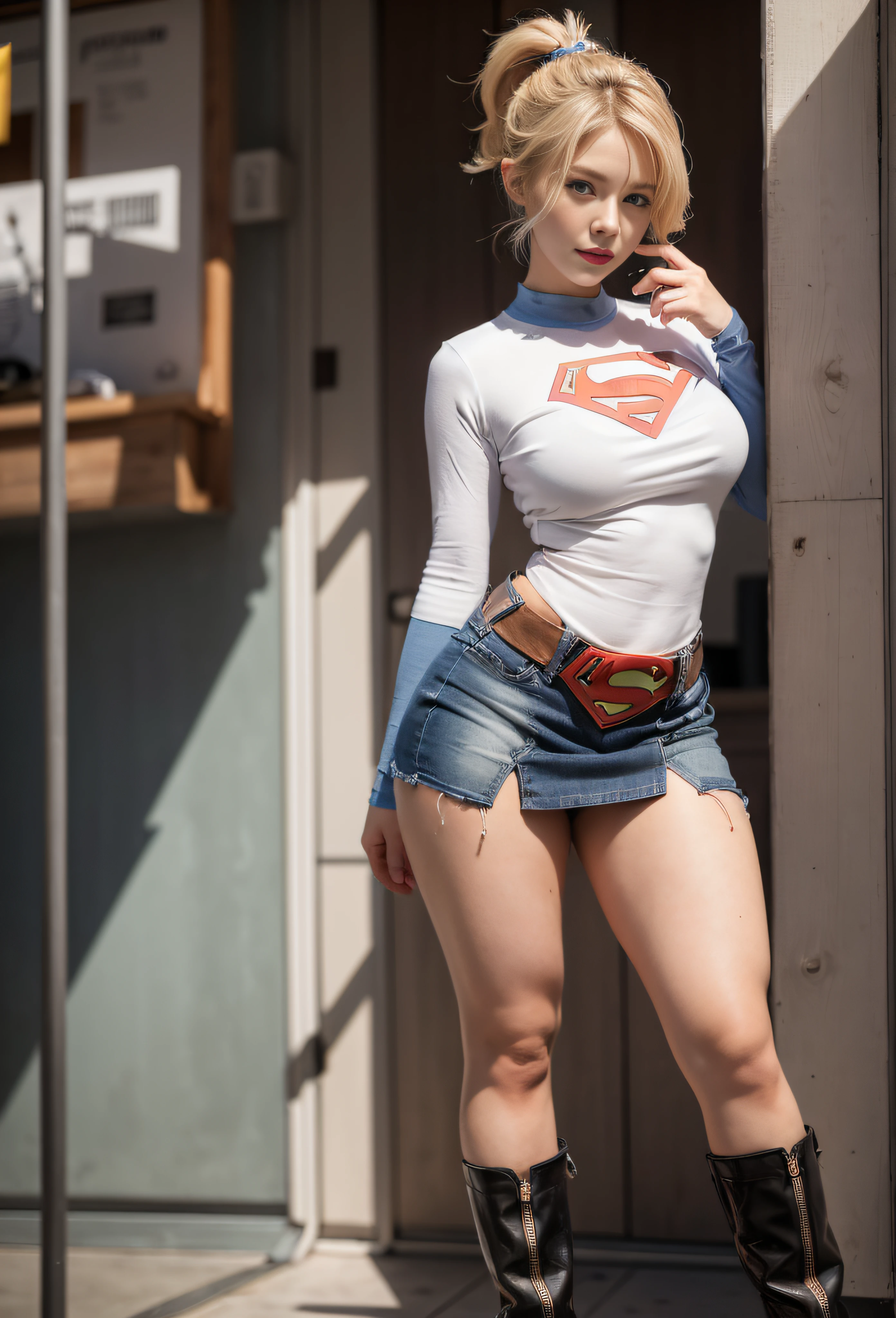 4k, realistic, charismatic, very detailed, there is a girl in the sky, dressed in a super girl costume, she is a super girl, superhero theme, blonde short hair, ponytail, 20 years, full body, (detail in the eyes), (detail in the face), incredibly beautiful, blue eyes, blush, makeup, red lipstick, miniskirt, (wide hips), (thick thighs), small breasts, dress,, seductive pose, (extreme hourglass figure), thin, svelte, white skirt, boots, tight t-shirt