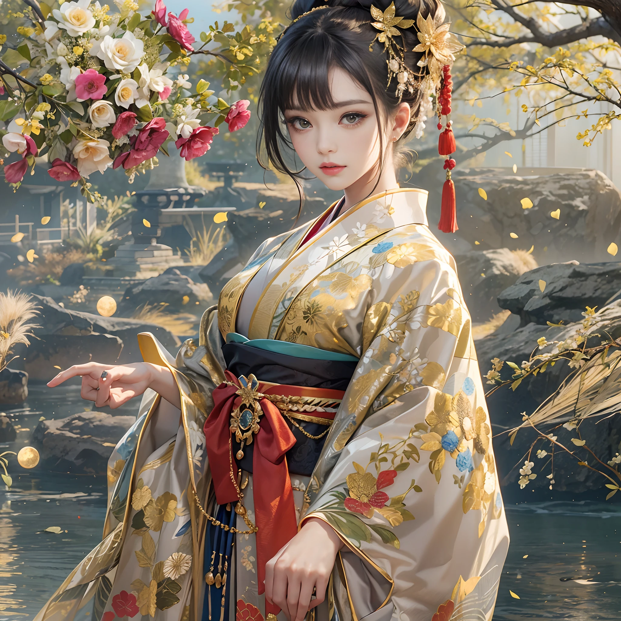 Try to give your audience a bouquet、
watching at viewers、Ancient capital and moon in the background、((dense background))、poneyTail、Woman with shiny black hair、perfect hand、BREAK {{{Luxury kimono(Colorful kimono(Detailed golden embroidery,))}}}、face perfect,Depict a beautiful and graceful woman of Japan,poneyTail,Heart in the eye。full body Esbian。 Wallpaper 8K, .Blur the background with a sickle,((masutepiece)), ((Best Quality))