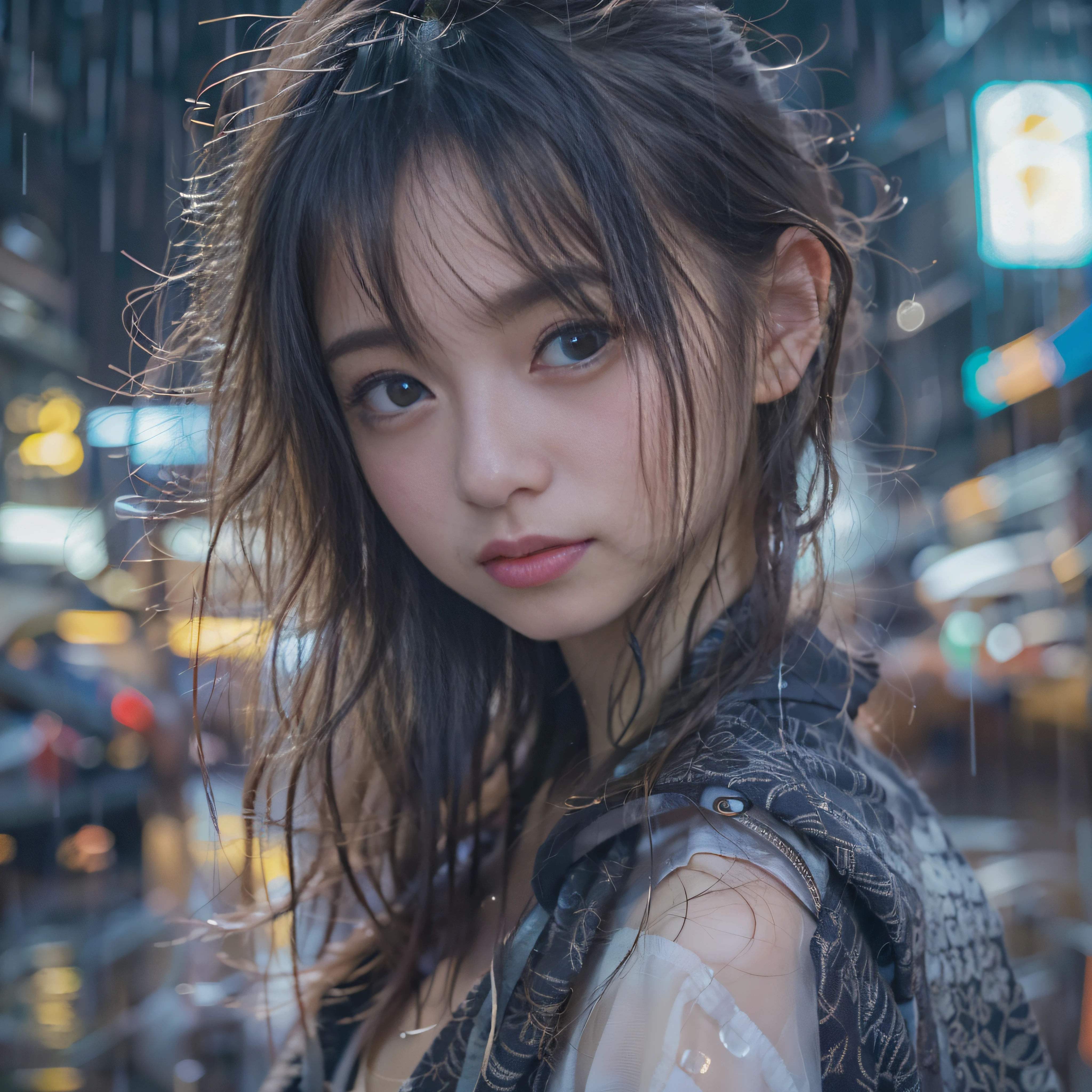 女の子1人、on tokyo street、A city scape、night cityscape、Neon Street、Rain at night、Rain-drenched body、(((hi-school girl)))、(((rain-soaked shirts、Underwear is see-through)))、The upper part of the body、a closeup、A smile、、(8K、Raw photography、top-quality、​masterpiece:1.2)、(realisitic、photoRealstic:1.37)、Highly detailed eyelash drawing、(((Top image quality))),Colossal tits、Fine skin, (Beautiful hair), (Perfect Anatomy), (Realistic), (Dynamic Angle), Pose Seductive,Perfect,Sensual look、top-quality、hight resolution、