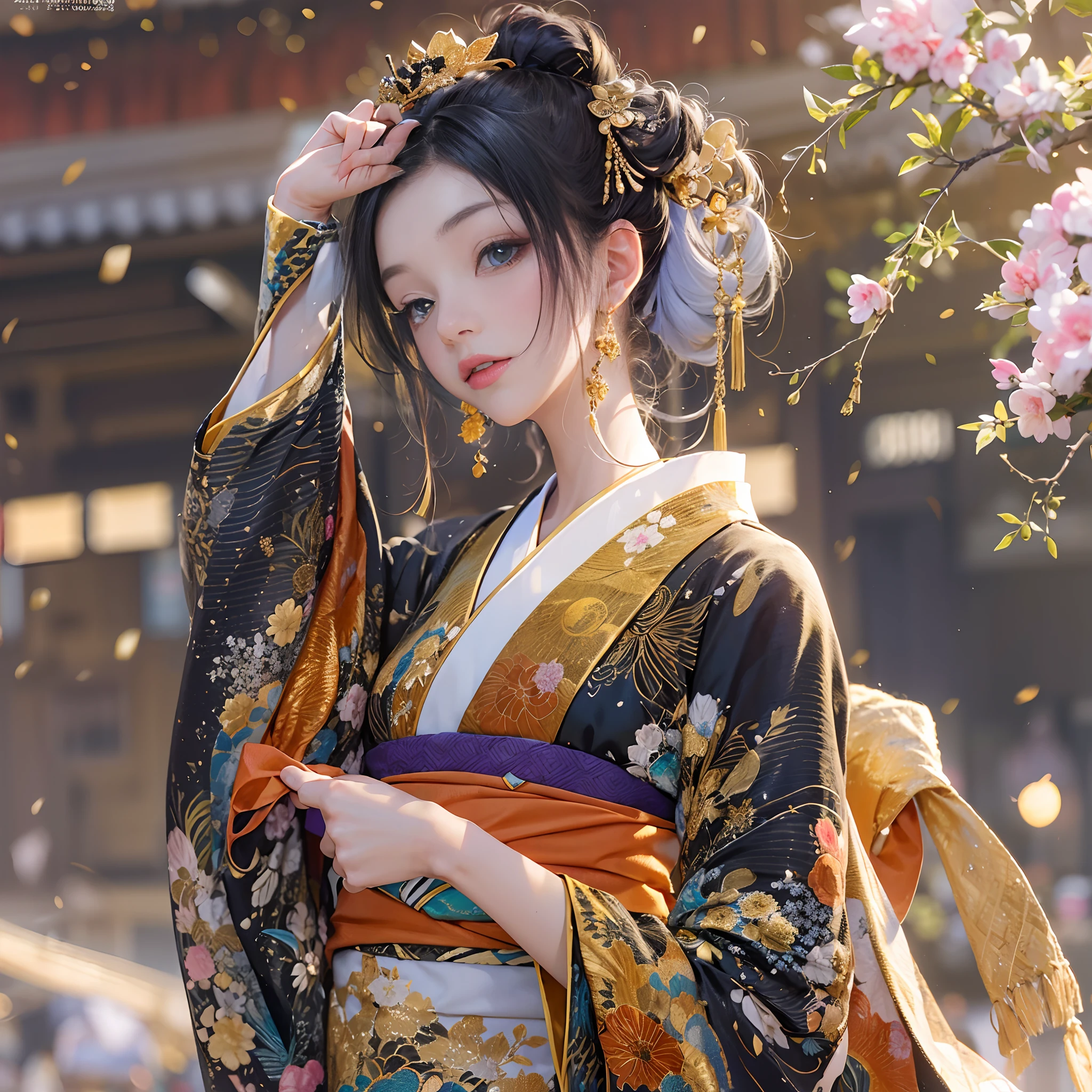 Try to give your audience a bouquet、
watching at viewers、for the background(ancient city:1.2)And the moon、((dense background))、poneyTail、Woman with shiny black hair、perfect hand、BREAK {{{Luxury kimono(Colorful kimono(Detailed golden embroidery,))}}}、face perfect,Depict a beautiful and graceful woman of Japan。poneyTail、Heart in the eye。full body Esbian。 Wallpaper 8K, .Blur the background with a sickle,((masutepiece)), ((Best Quality))