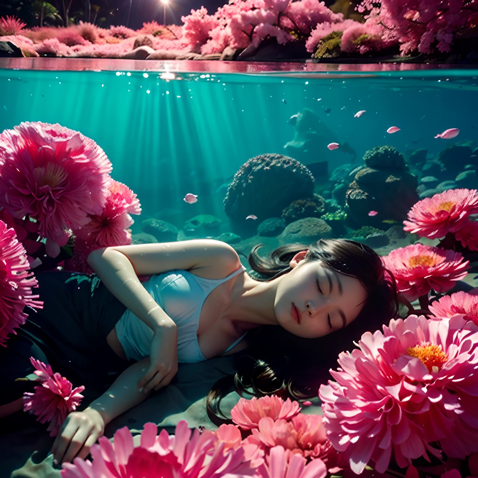 Under the water，ocean floor，The sun shines through the sea，A  girl，Fell asleep quietly in the water，The girl is surrounded by pink petals，fire works