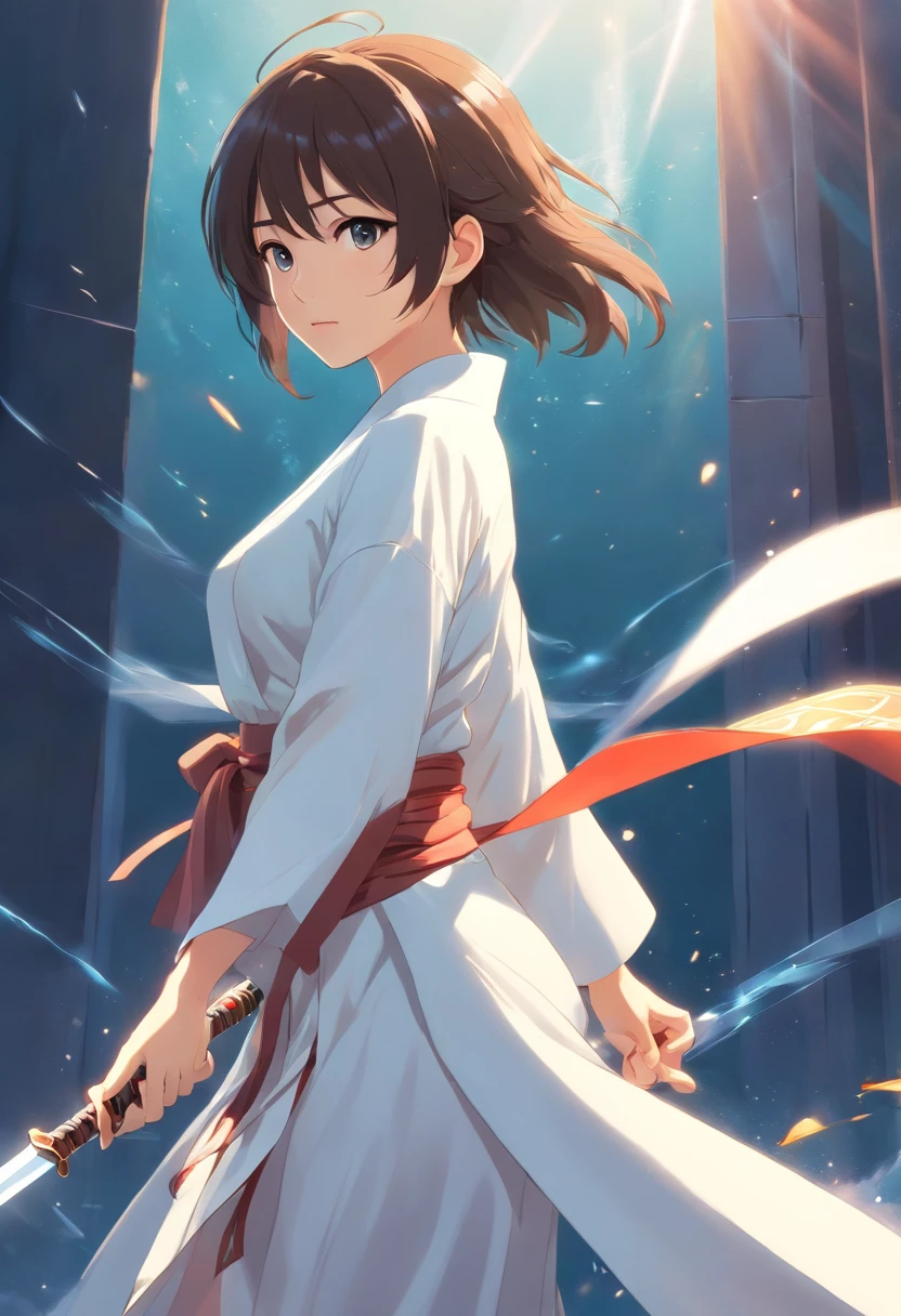 a close up of a woman in a white dress with a sword, a character portrait by Yang J, trending on CGSociety, Fantasy art, Beautiful character painting, Guviz-style artwork, Guviz, White Hanfu, flowing white robe, full-body wuxia, epic exquisite  character art, Stunning character art, beautiful female assassin