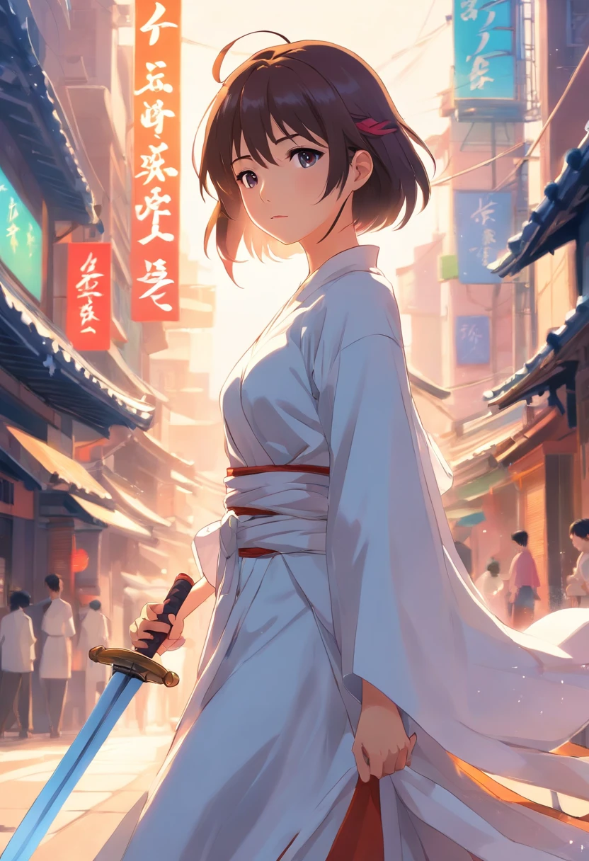 a close up of a woman in a white dress with a sword, a character portrait by Yang J, trending on CGSociety, Fantasy art, Beautiful character painting, Guviz-style artwork, Guviz, White Hanfu, flowing white robe, full-body wuxia, epic exquisite character art, Stunning character art, beautiful female assassin