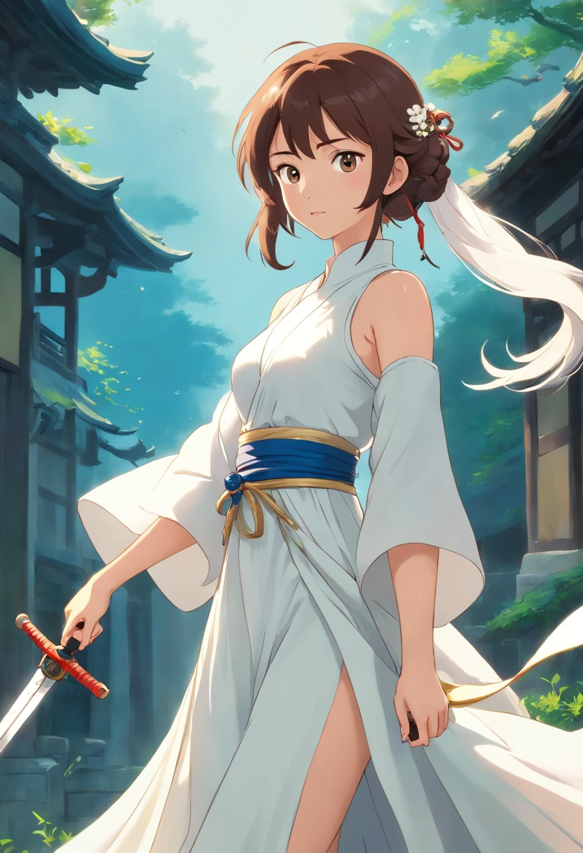 a close up of a woman in a white dress with a sword, a character portrait by Yang J, trending on CGSociety, Fantasy art, Beautiful character painting, Guviz-style artwork, Guviz, White Hanfu, flowing white robe, full-body wuxia, epic exquisite  character art, Stunning character art, beautiful female assassin