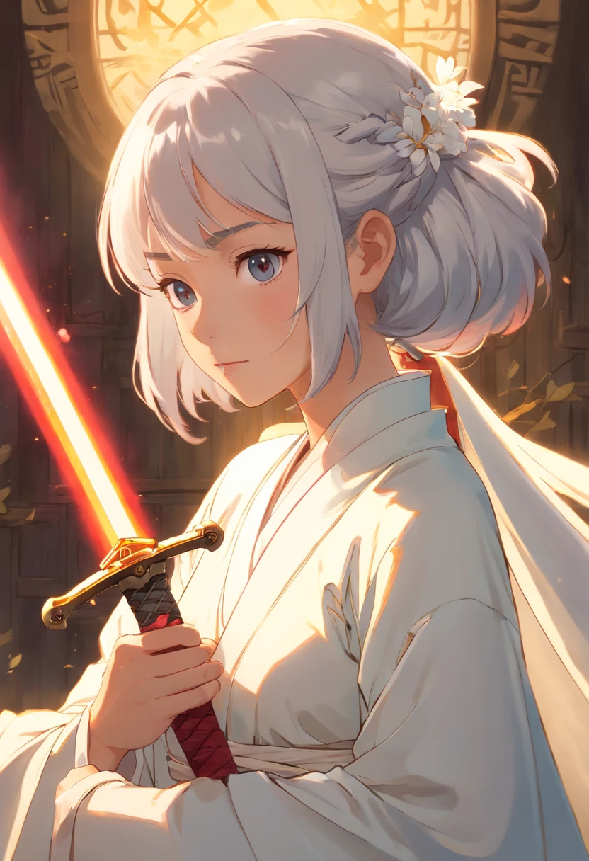 Anime Bleach, battlefield, snow, (Rukia Kuchiku - Anime Bleach), solo, silver hair, ice princess, short hair, purple eyes, Japanese clothes, looking at the viewer, ice white kimono, hair between eyes, wide sleeves, hakama pants, white_sash, from behind, mouth closed, serious smile, standing, ice sword in your hand, looking forward, battle posture, with minimal details of snow on the clothing.