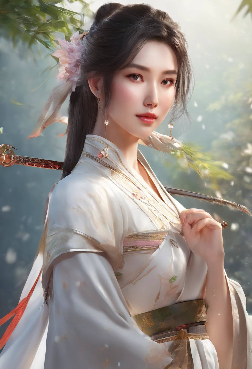 a close up of a woman in a white dress with a sword, a character portrait by Yang J, trending on CGSociety, Fantasy art, Beautiful character painting, Guviz-style artwork, Guviz, White Hanfu, flowing white robe, full-body wuxia, epic exquisite character art, Stunning character art, beautiful female assassin