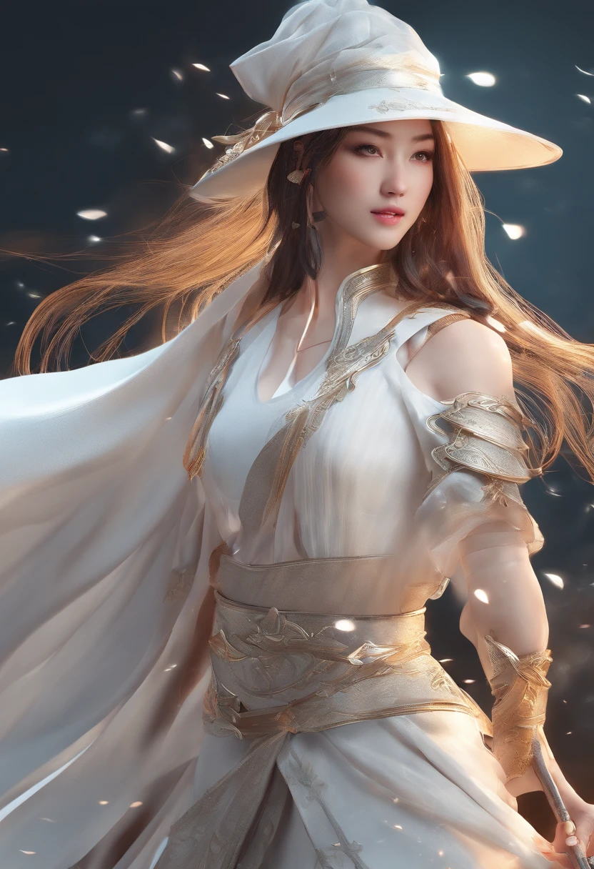 a close up of a woman in a white dress with a sword, a character portrait by Yang J, trending on CGSociety, Fantasy art, Beautiful character painting, Guviz-style artwork, Guviz, White Hanfu, flowing white robe, full-body wuxia, epic exquisite  character art, Stunning character art, beautiful female assassin