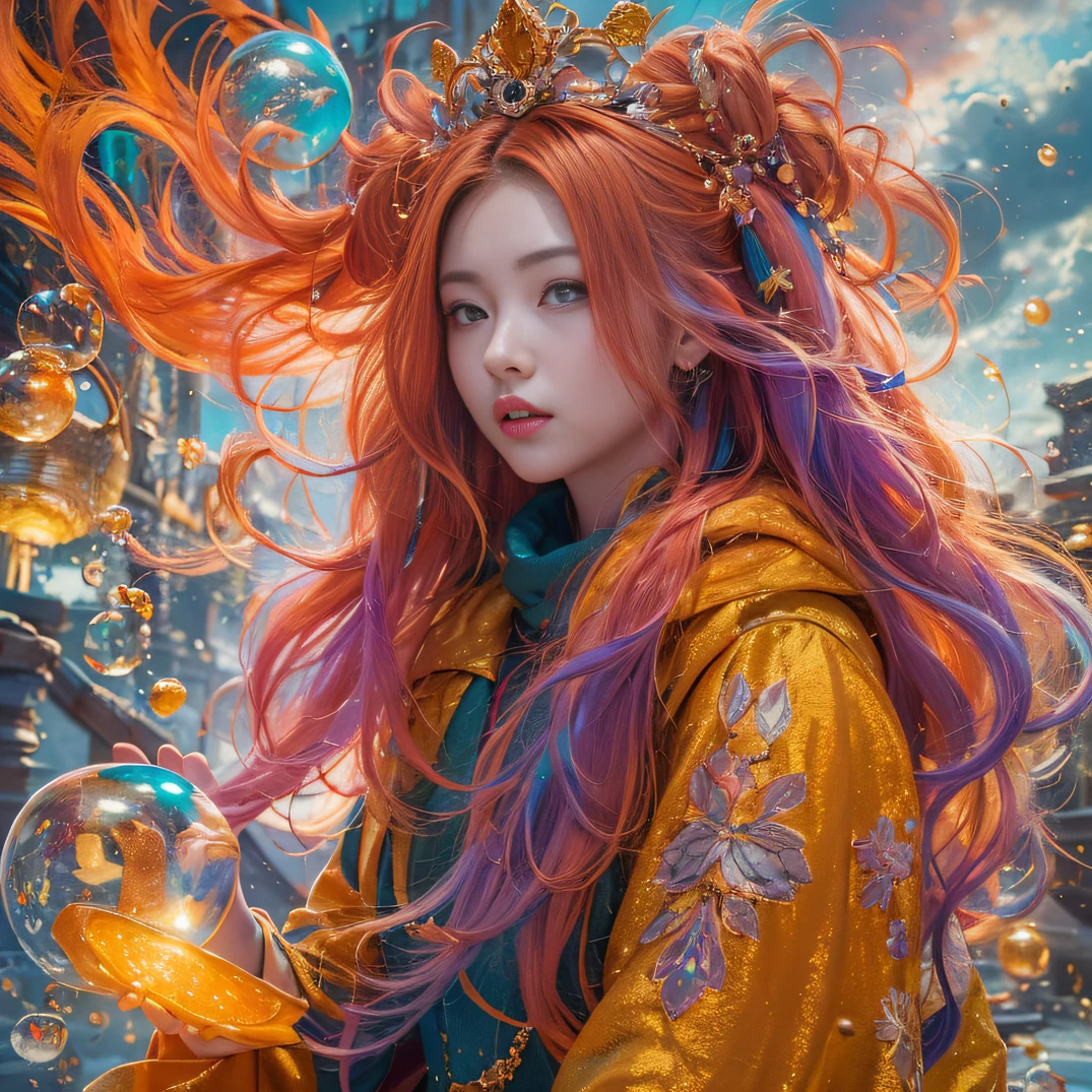 cyan colors,blue colors,enamel,agates,A flesh-colored world,Blood Girl 32K(tmasterpiece,k hd,hyper HD,32K)Long flowing bright orange hair,blood pond,zydink, a color,Grumpy (Post-halo), (Linen scarf), Combat posture, looking at the ground, long whitr hair, Floating bright orange, Fire cloud pattern gold tiara, Chinese long-sleeved gold silk burgundy garment, (Abstract metaverse splash:1.2), white backgrounid,Lotus vitality protector(realisticlying:1.4),Bright purple hair,Smoke on the road,The background is pure, A high resolution, the detail, RAW photogr, Sharp Re, Nikon D850 Film Stock Photo by Jefferies Lee 4 Kodak Portra 400 Camera F1.6 shots, Rich colors, ultra-realistic vivid textures, Dramatic lighting, Unreal Engine Art Station Trend, cinestir 800,A girl with long flowing bright orange hair,Huge colorful bubbles