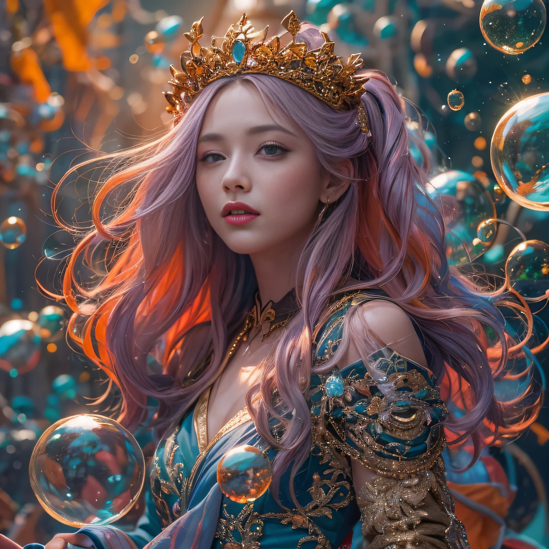 cyan colors，blue colors，enamel，agates，A flesh-colored world，Blood Girl 32K（tmasterpiece，k hd，hyper HD，32K）Long flowing bright orange hair，blood pond，zydink， a color，Grumpy （Post-halo）， （Linen scarf）， Combat posture， looking at the ground， long whitr hair， Floating bright orange， Fire cloud pattern gold tiara， Chinese long-sleeved gold silk burgundy garment， （Abstract metaverse splash：1.2）， white backgrounid，Lotus vitality protector（realisticlying：1.4），Bright purple hair，Smoke on the road，The background is pure， A high resolution， the detail， RAW photogr， Sharp Re， Nikon D850 Film Stock Photo by Jefferies Lee 4 Kodak Portra 400 Camera F1.6 shots, Rich colors, ultra-realistic vivid textures, Dramatic lighting, Unreal Engine Art Station Trend, cinestir 800，A girl with long flowing bright orange hair，Huge colorful bubbles