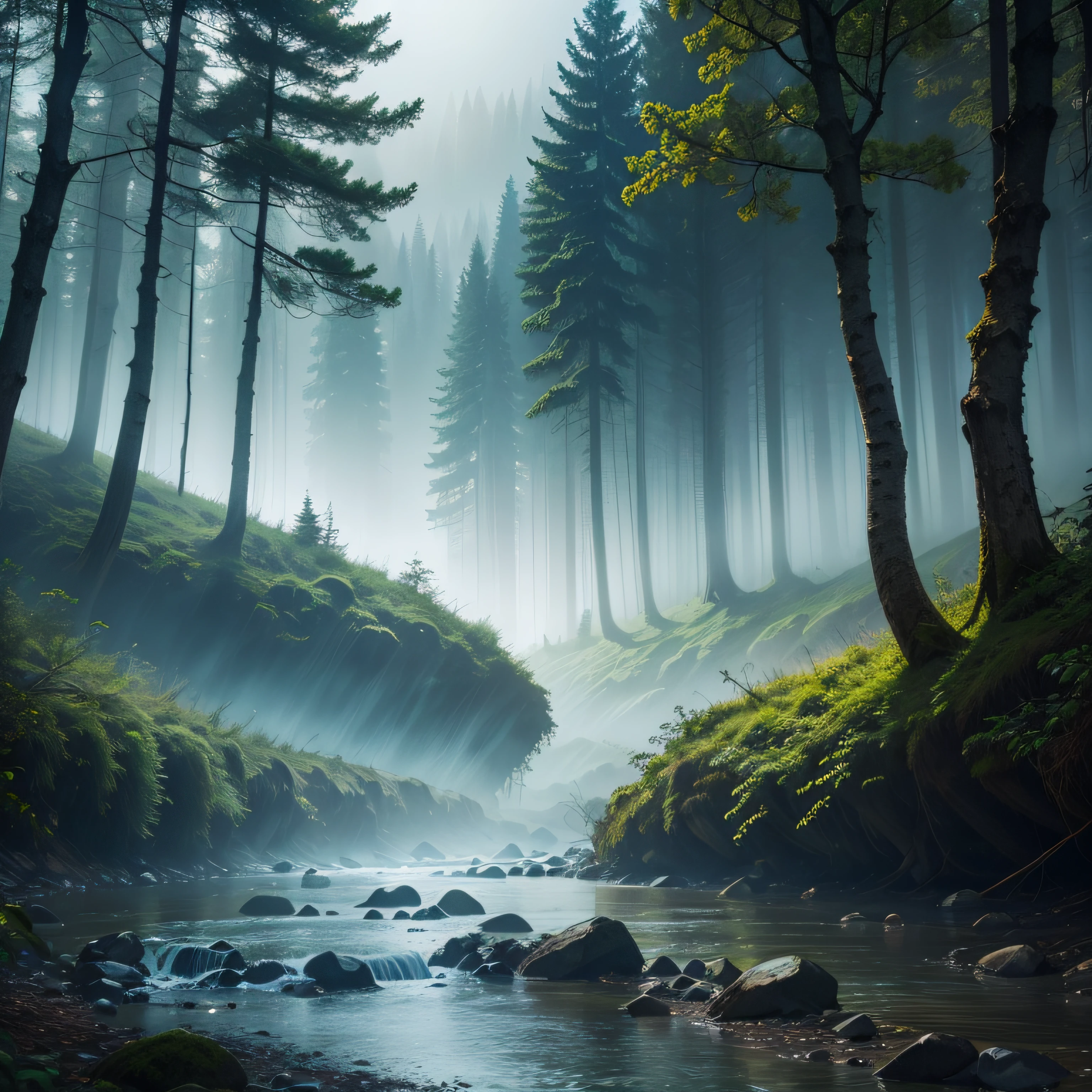 (best quality,realistic:1.2),professional photography,forest,river,mist,night