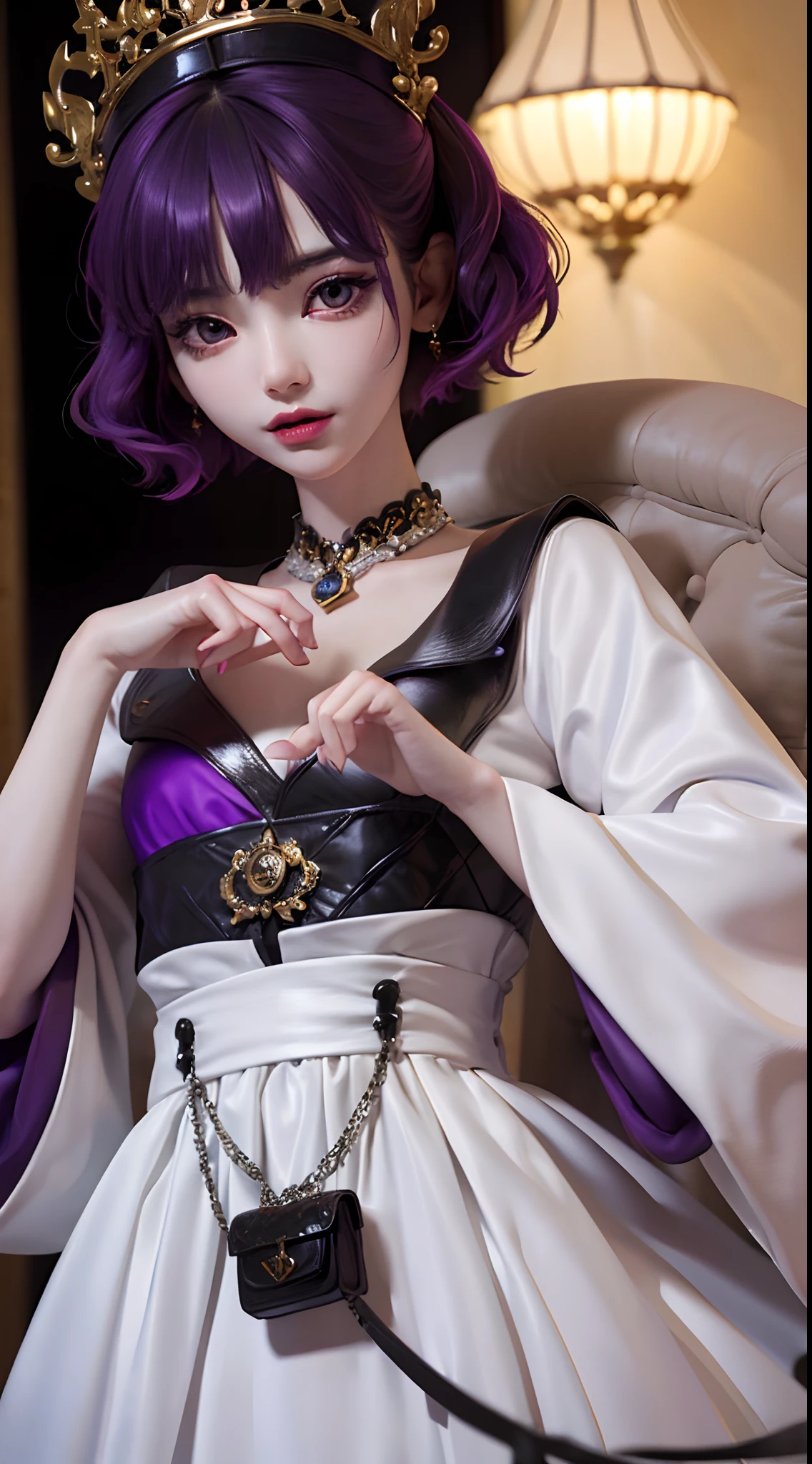 masterpiece, top-quality, 1male people,, Adults, tall, finely eye and detailed face, intricate detailes, ((Korean fashion in black and white)), window, Happiness, tenderness, high-level image quality、tall、The upper part of the body、nightfall、nighttime scene、𝓡𝓸𝓶𝓪𝓷𝓽𝓲𝓬、Korean Male, Idol Photos, k pop, Professional Photos, Vampires, Korean fashion in black and white, Fedoman with necklace, inspired by Sim Sa-jeong, androgynous vampire, :9 detailed face: 8, extra detailed face, detailed punk hair, ((eyes are brown)) baggy eyes, Seductive. Highly detailed, semi realistic anime, Vampires, hyperrealistic teen, delicate androgynous prince, imvu, Bangs hide both eyes、invisible, short hair above the ears, Man with short hair, ((Purple hair man with wild expression)), ((Man with short hair in bright purple))