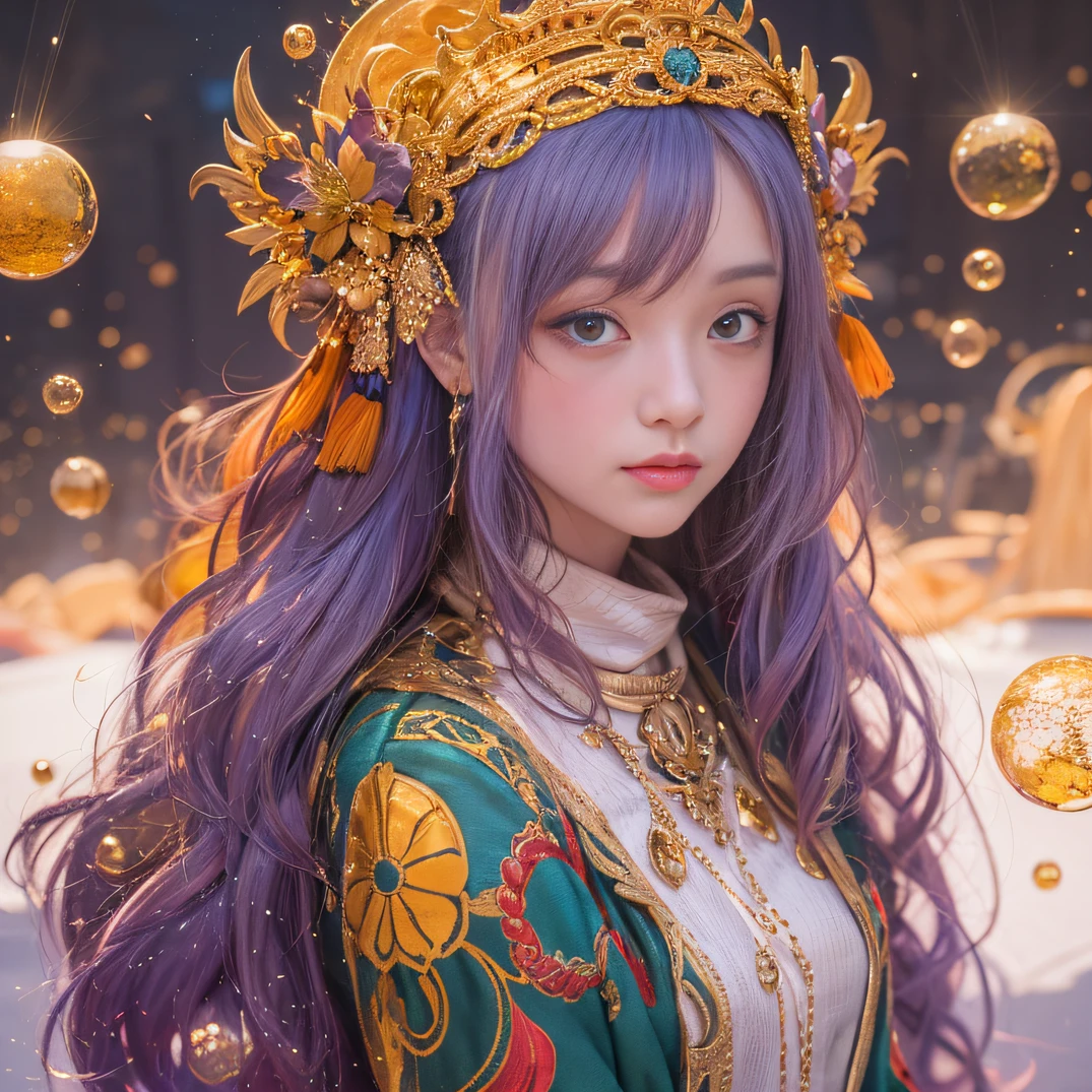 cyan colors,blue colors,enamel,agates,A flesh-colored world,Blood Girl 32K(tmasterpiece,k hd,Aoyama Pond,hyper HD,32K)Long flowing bright orange hair,blood pond,zydink, a color,Grumpy (Post-halo), (Linen scarf), Combat posture, looking at the ground, long whitr hair, Floating bright orange, Fire cloud pattern gold tiara, Chinese long-sleeved gold silk burgundy garment, (Abstract metaverse splash:1.2), white backgrounid,Lotus vitality protector(realisticlying:1.4),Bright purple hair,Smoke on the road,The background is pure, A high resolution, the detail, RAW photogr, Sharp Re, Nikon D850 Film Stock Photo by Jefferies Lee 4 Kodak Portra 400 Camera F1.6 shots, Rich colors, ultra-realistic vivid textures, Dramatic lighting, Unreal Engine Art Station Trend, cinestir 800,A girl with long flowing bright orange hair,Huge multicolored bubbles