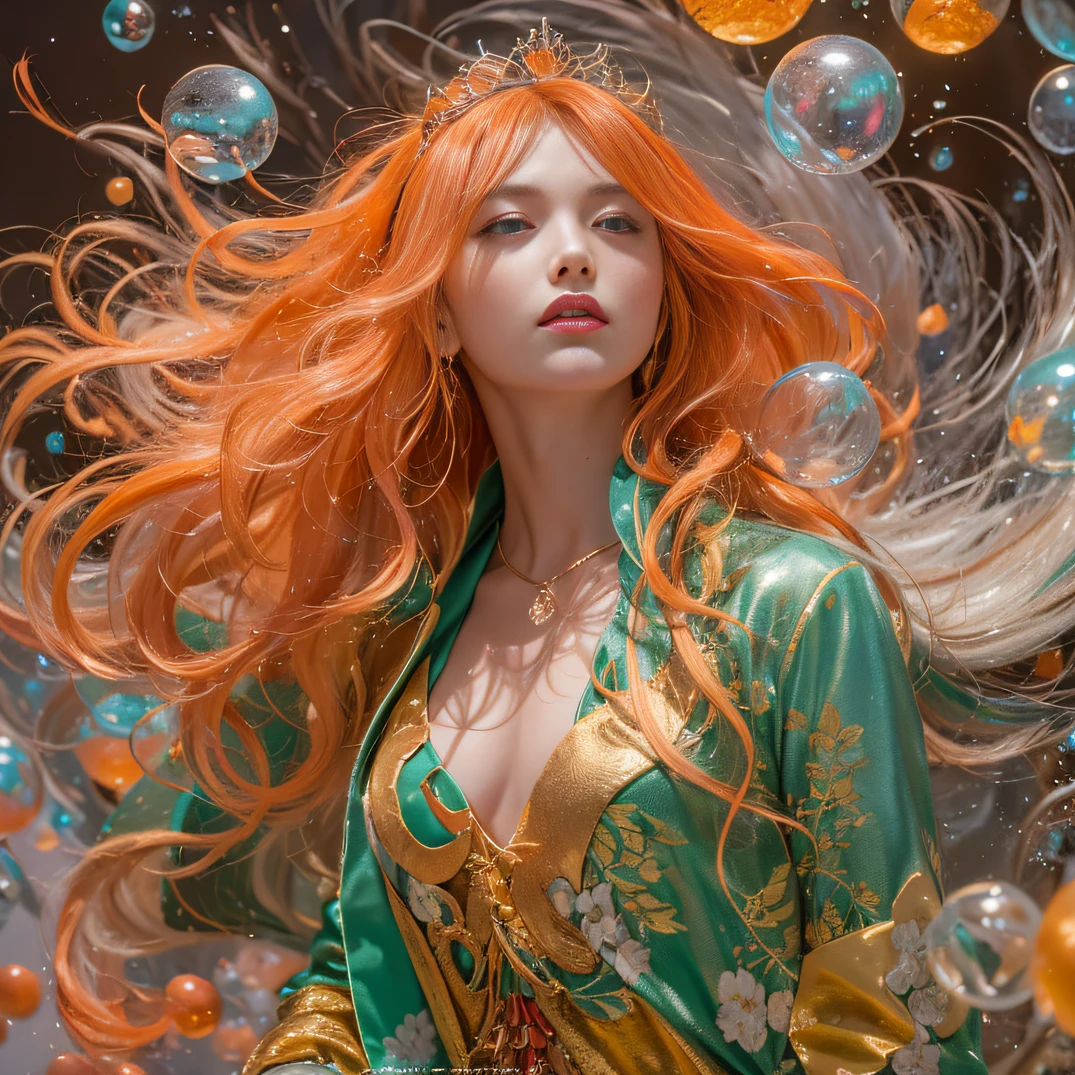 cyan colors,blue colors,enamel,agates,A flesh-colored world,Blood Girl 32K(tmasterpiece,k hd,Aoyama Pond,hyper HD,32K)Long flowing bright orange hair,blood pond,zydink, a color,Grumpy (Post-halo), (Linen scarf), Combat posture, looking at the ground, long whitr hair, Floating bright orange, Fire cloud pattern gold tiara, Chinese long-sleeved gold silk burgundy garment, (Abstract metaverse splash:1.2), white backgrounid,Lotus vitality protector(realisticlying:1.4),Bright purple hair,Smoke on the road,The background is pure, A high resolution, the detail, RAW photogr, Sharp Re, Nikon D850 Film Stock Photo by Jefferies Lee 4 Kodak Portra 400 Camera F1.6 shots, Rich colors, ultra-realistic vivid textures, Dramatic lighting, Unreal Engine Art Station Trend, cinestir 800,A girl with long flowing bright orange hair,Huge multicolored bubbles