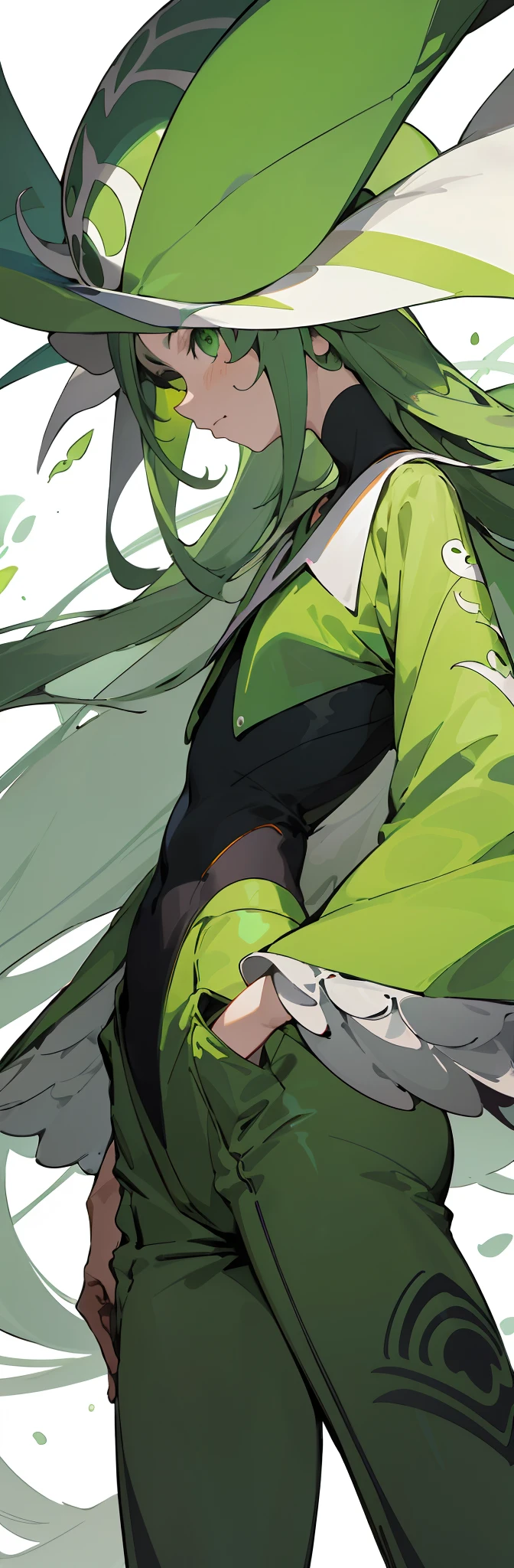 A closeup of a person with long hair and green pants, pernas verdes, longo cabelo preto verde liso longo, tiro longo jorogumo, dandy from space dandy anime, cabelos verdes longos, Close-up de corpo inteiro, , cabelos pretos longos e finos, Colorido digitalmente, pele de cor verde!!, Lineart e cor limpas, Esquema de cores Chiho Aoshima