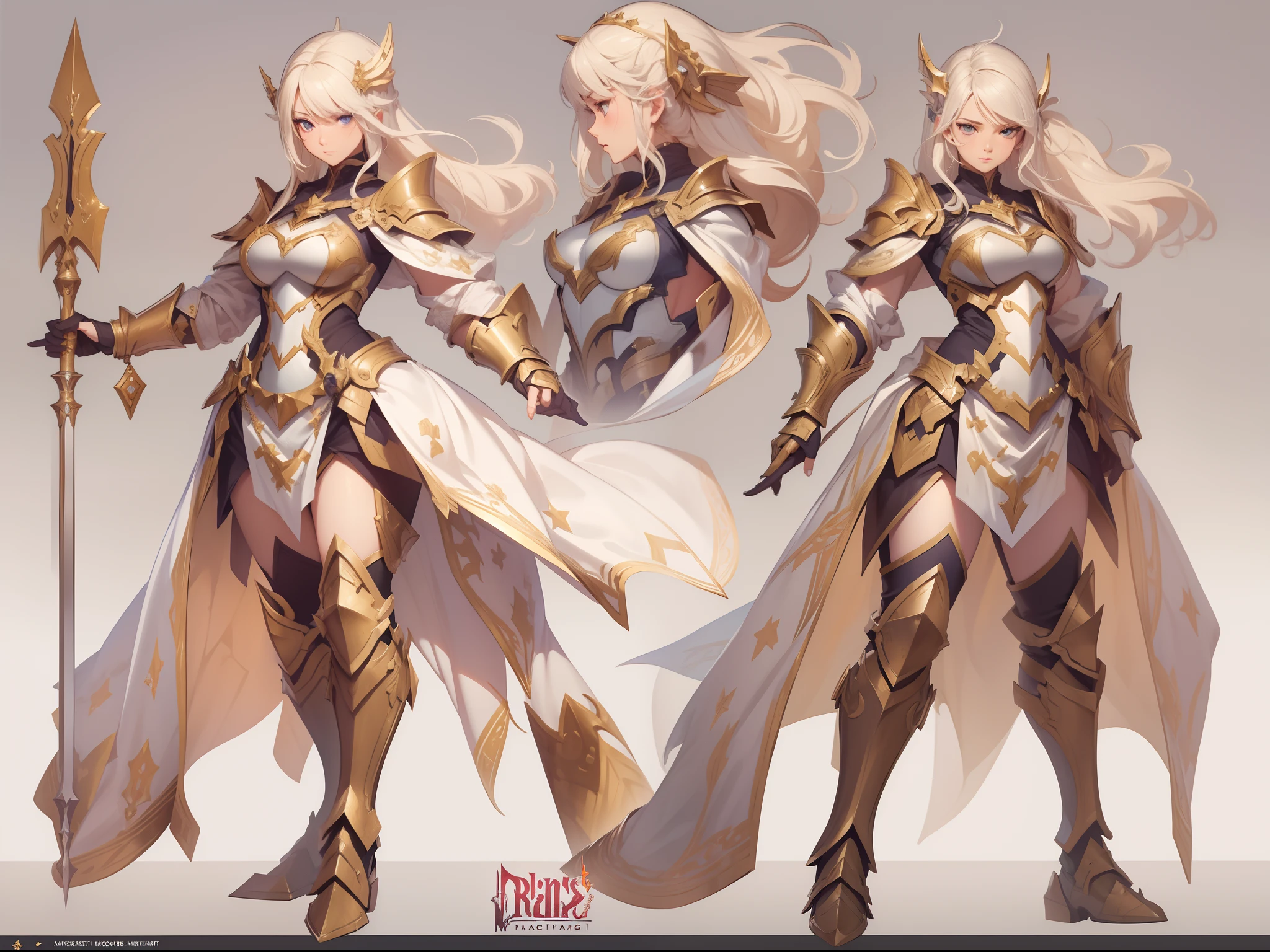 ((Masterpiece, Highest quality)), Detailed face, CharacterDesignSheet， full bodyesbian, Full of details, Multiple poses and expressions, Highly detailed, Depth, Many parts，Beautiful paladin girl，Armor，High Balance, Natural light, Star decoration